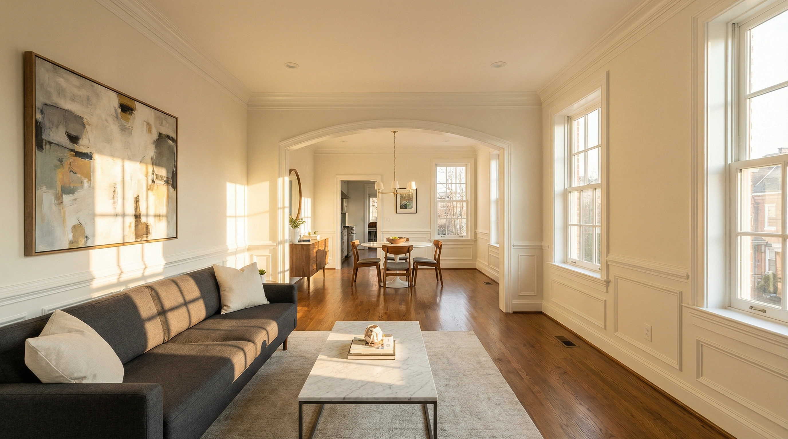 Luxury Washington DC living room with deep navy built-in bookshelves marble fireplace and Washington Monument painting by HomePro DMV Painters