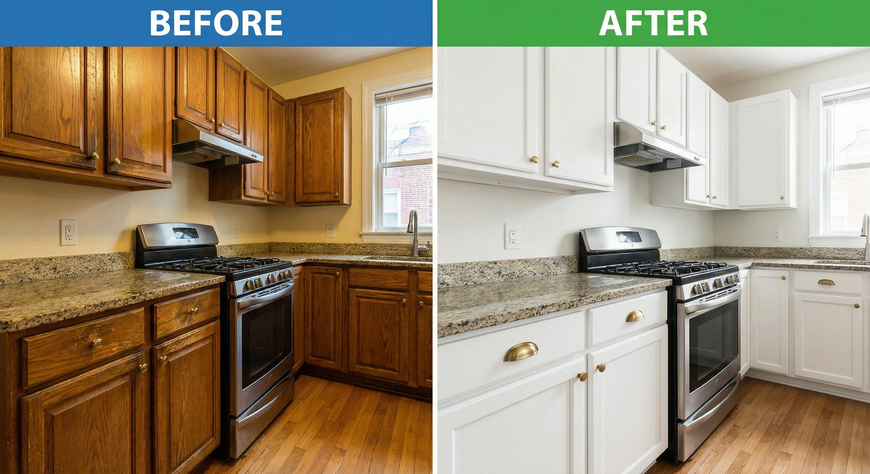 Before and after kitchen cabinet refinishing in Washington DC by HomePro DMV Painters