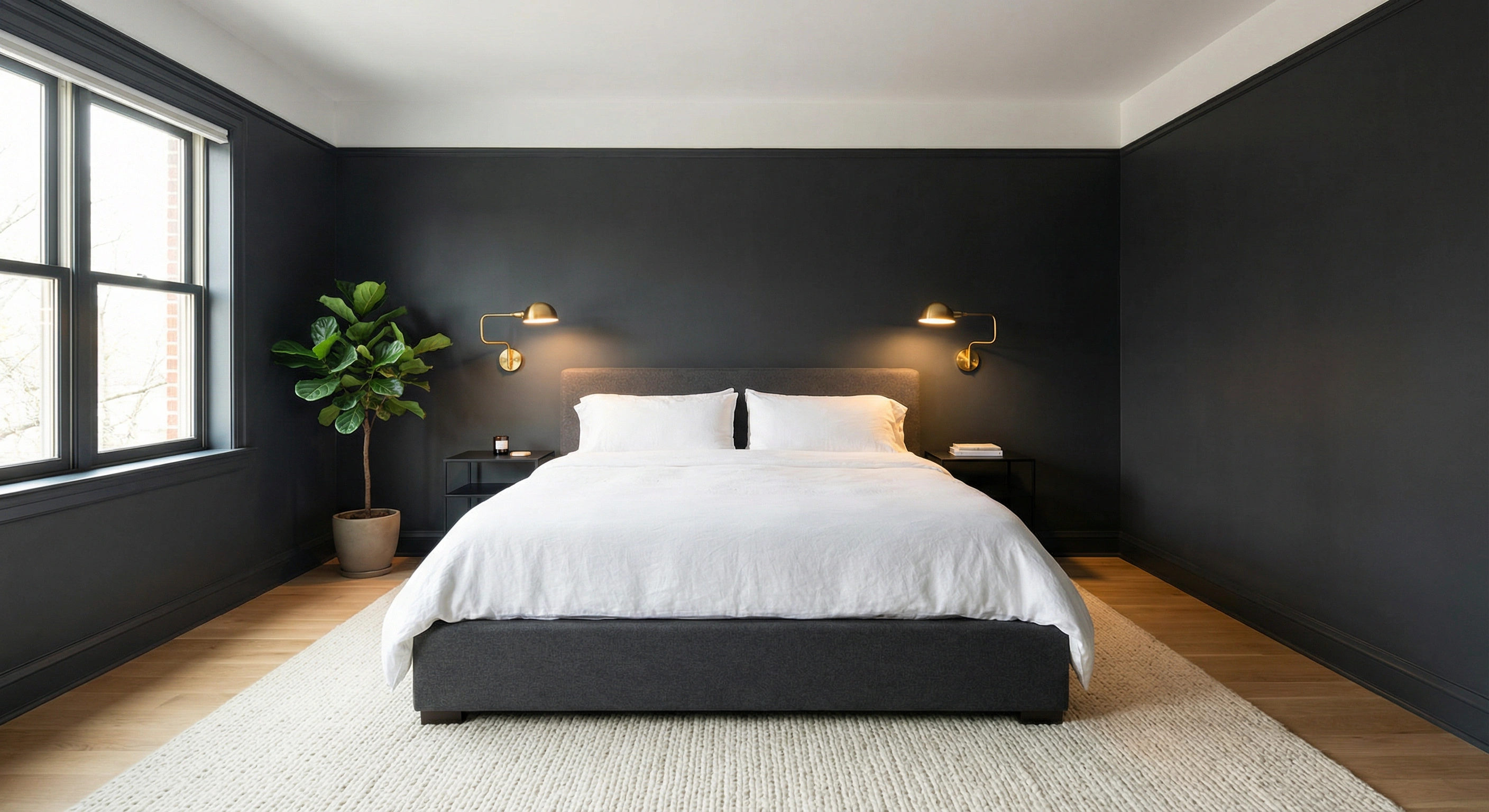 Modern Washington DC bedroom with deep charcoal walls and crisp white ceiling by HomePro DMV Painters