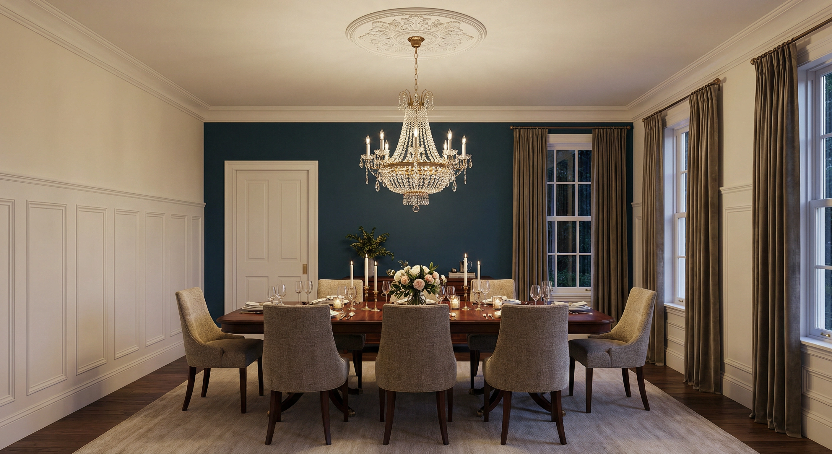 Elegant Kalorama DC dining room with deep navy accent wall and crystal chandelier