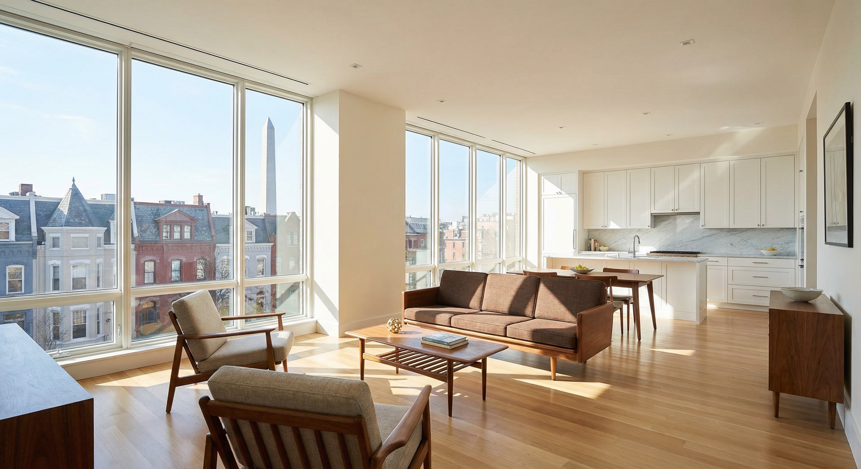 Modern Logan Circle DC condo with freshly painted walls and floor-to-ceiling windows