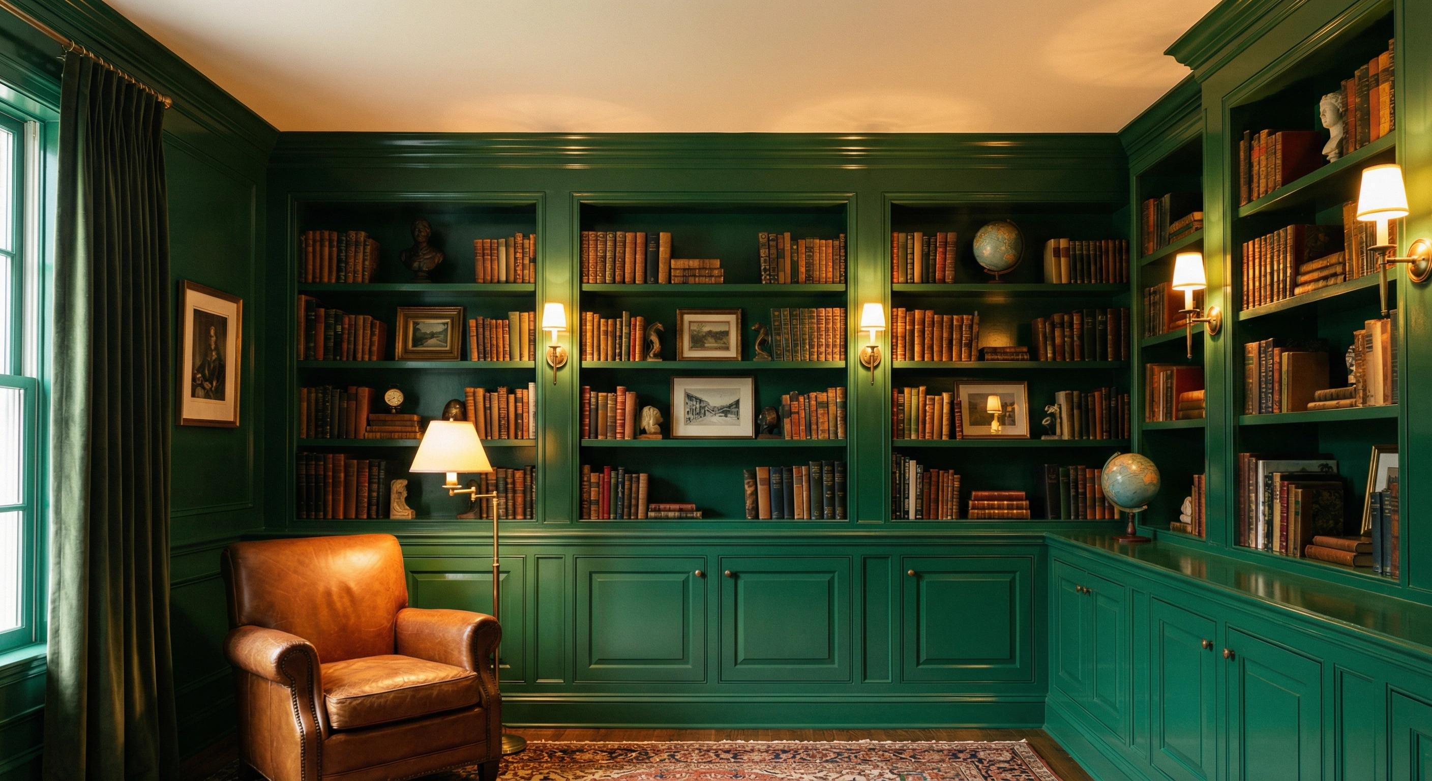 Woodley Park DC library with built-ins painted dark green