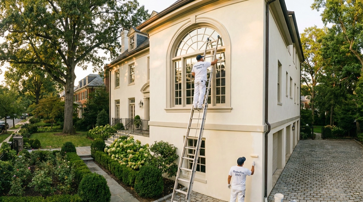 Professional HomePro DMV painters on ladder painting exterior of a Washington DC estate home