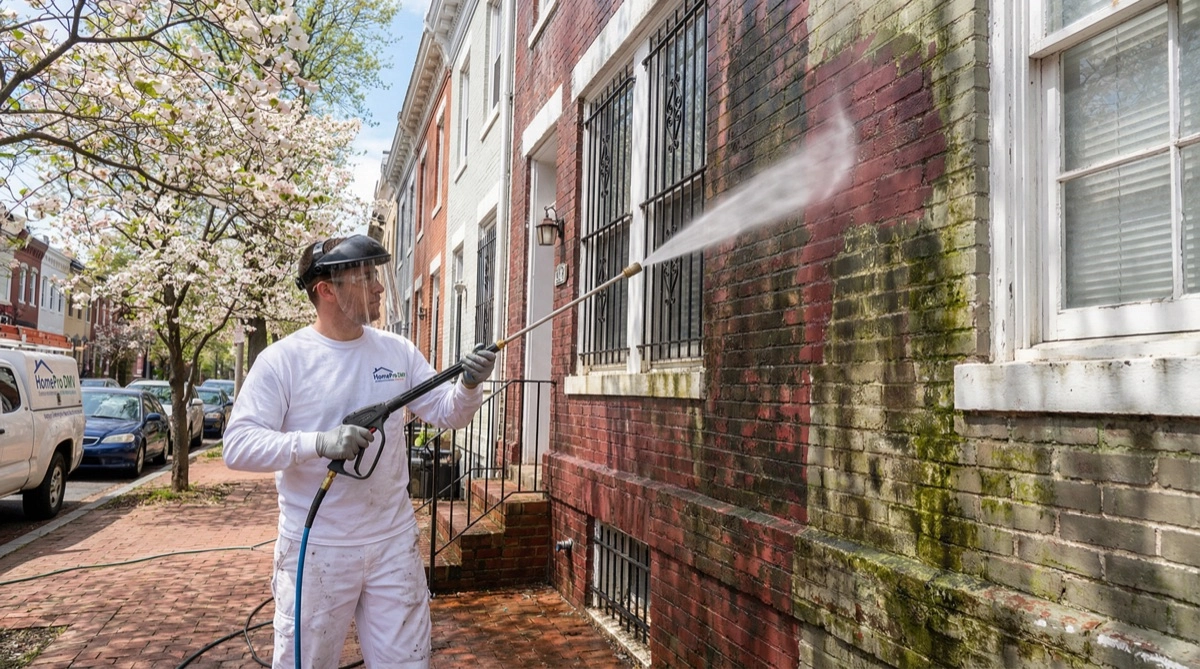 HomePro DMV painter power washing a Washington DC row house exterior before painting