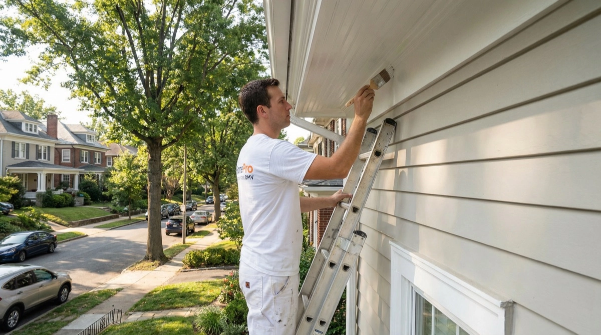 Professional painter on ladder painting soffit and fascia on a Cleveland Park DC home exterior