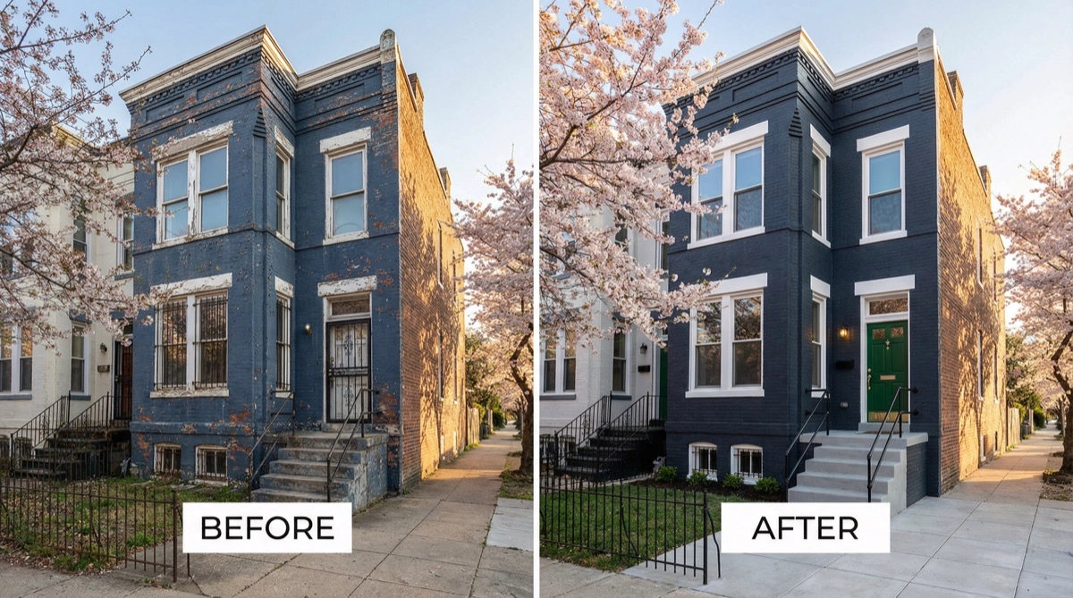 Before and after exterior painting on a Capitol Hill DC brick row house — faded navy to deep charcoal with white trim Before and after exterior painting on a Capitol Hill DC brick row house — faded navy to deep