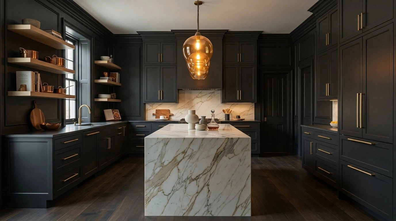Dark painted kitchen cabinets with marble waterfall island by HomePro DMV Painters