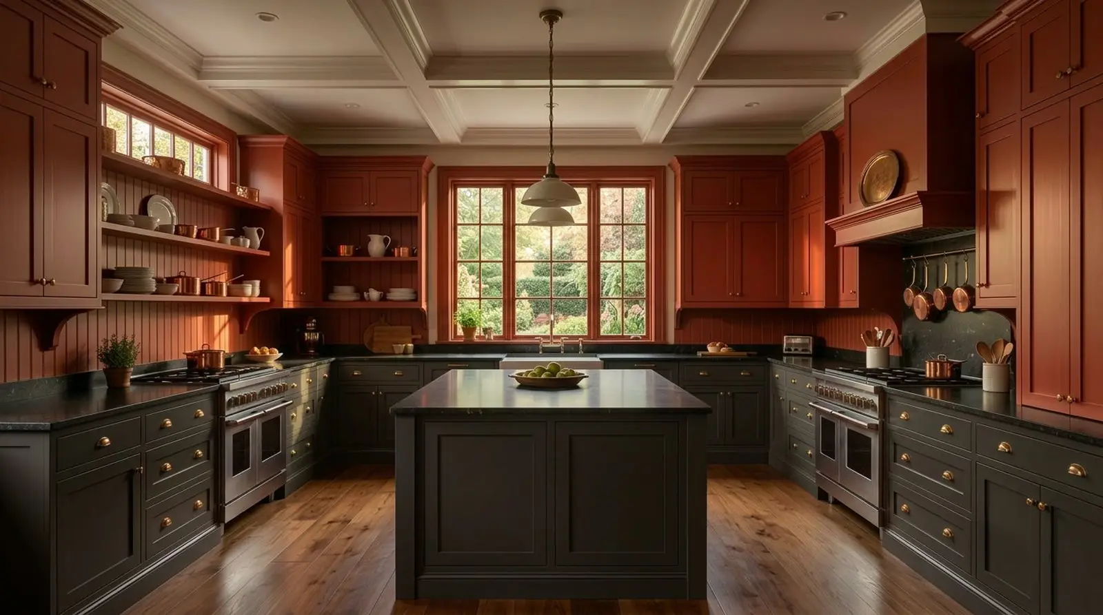 Two-tone red and charcoal painted kitchen cabinets with brass hardware in Washington DC