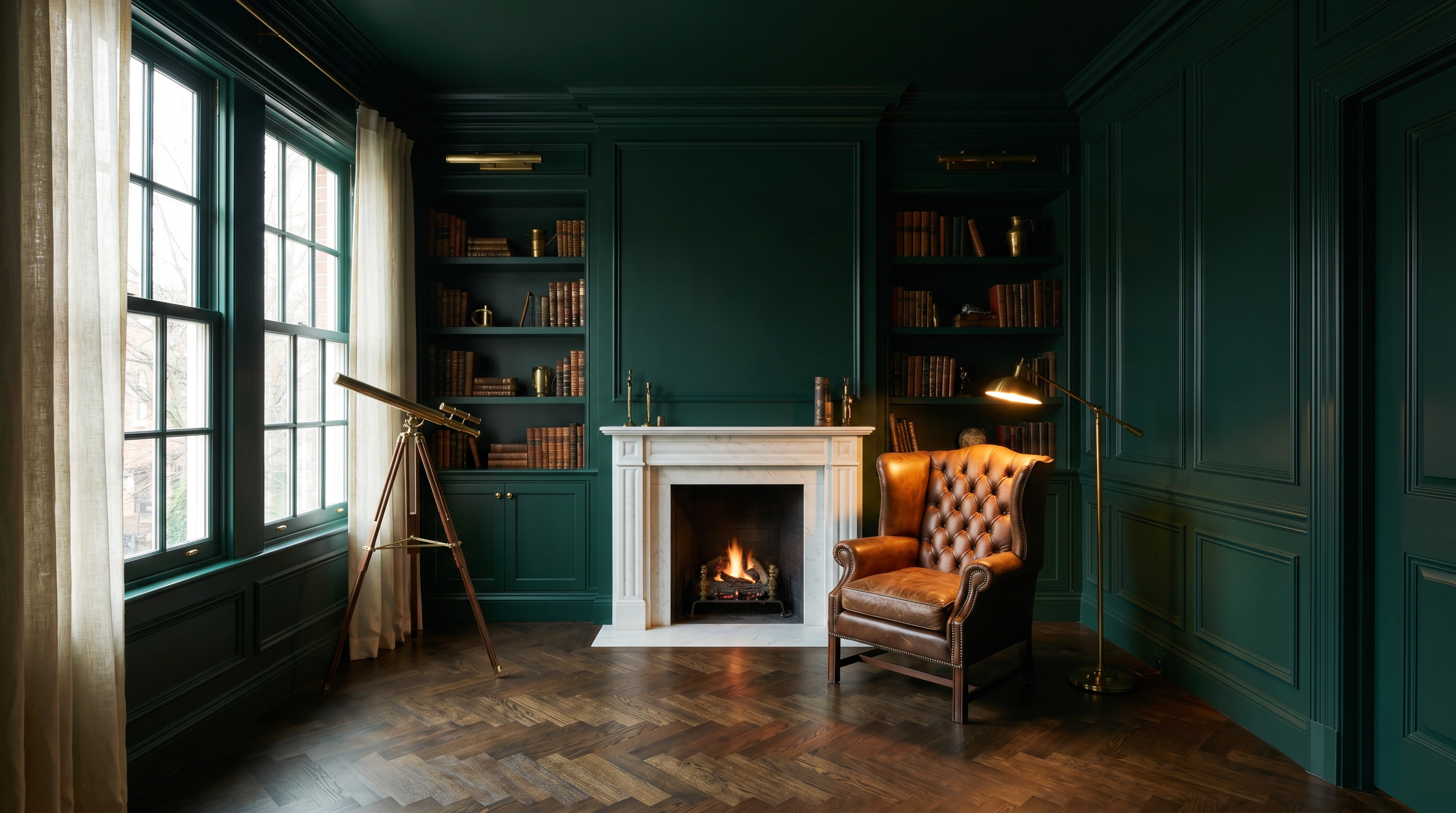 Dramatic Farrow and Ball Studio Green library with raised-panel wainscoting marble fireplace and