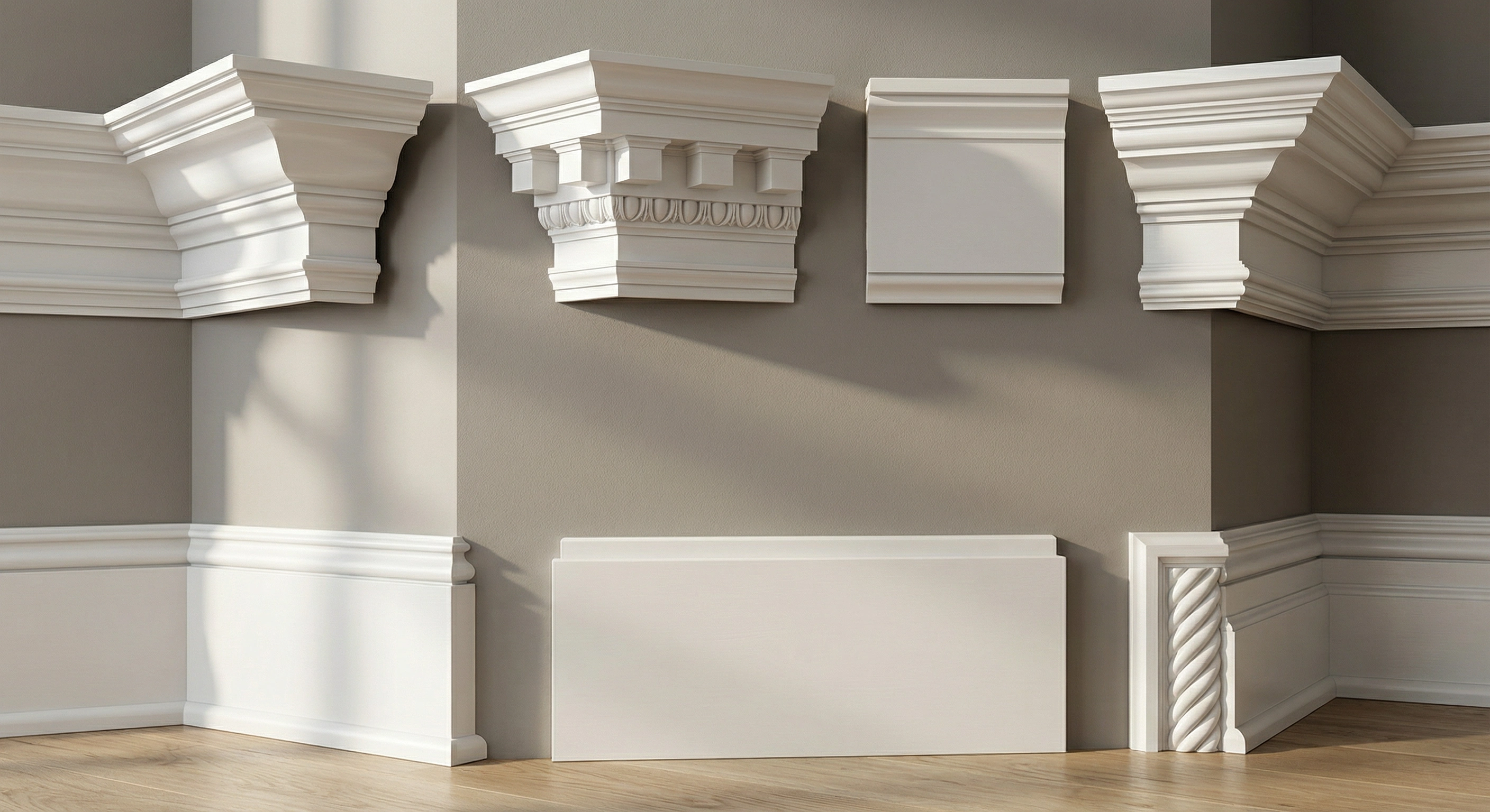 Crown molding and baseboard trim profiles — cove, ogee, dentil, and multi-piece formal profiles by