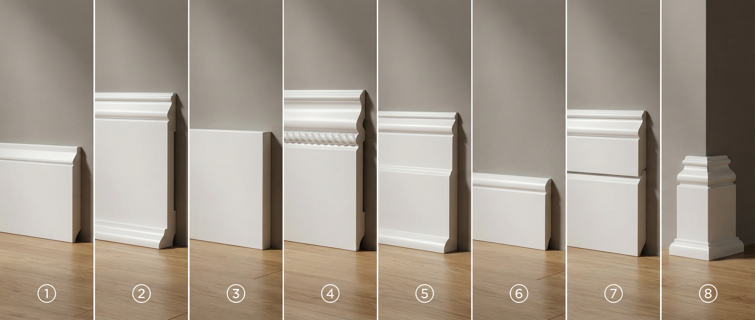 Eight baseboard profiles side by side — colonial, craftsman, Victorian, Federal, contemporary