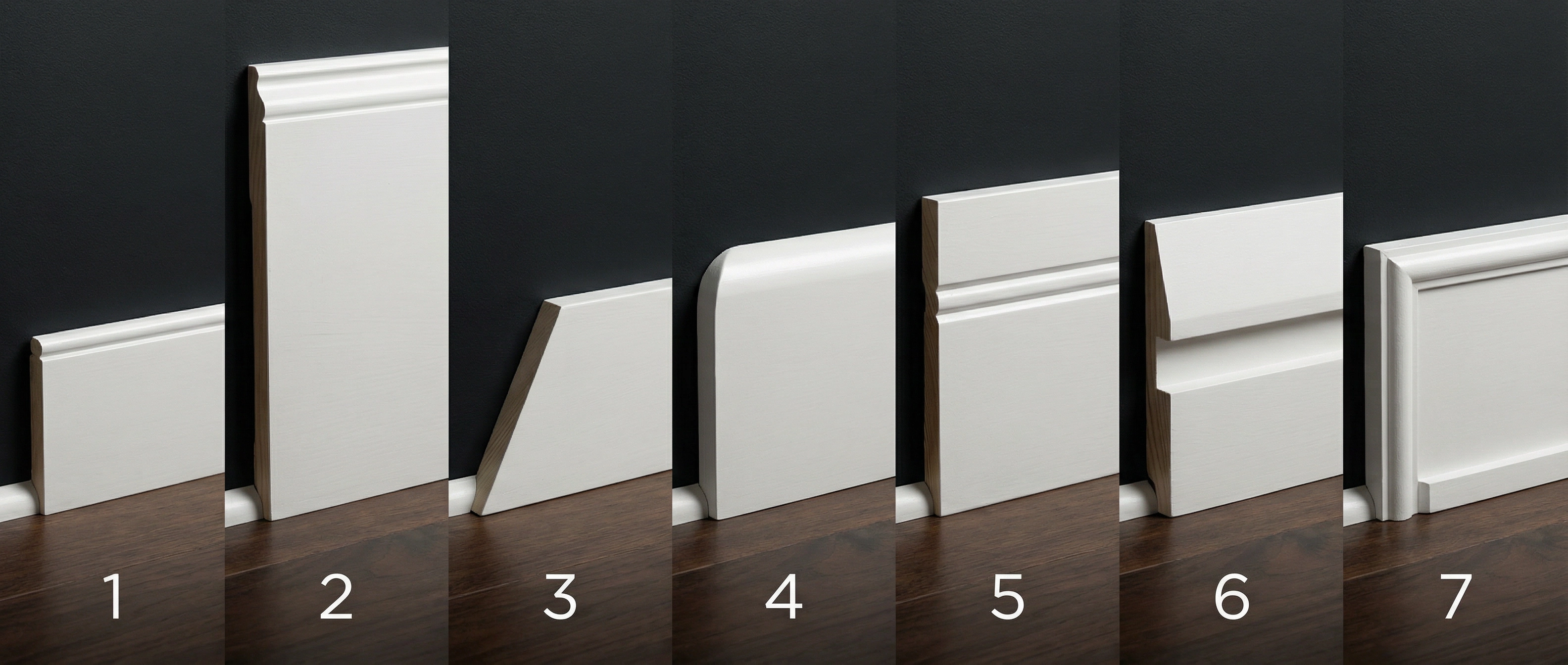Seven additional baseboard profiles — pencil bead, plantation, mid-century, bullnose, double-bead