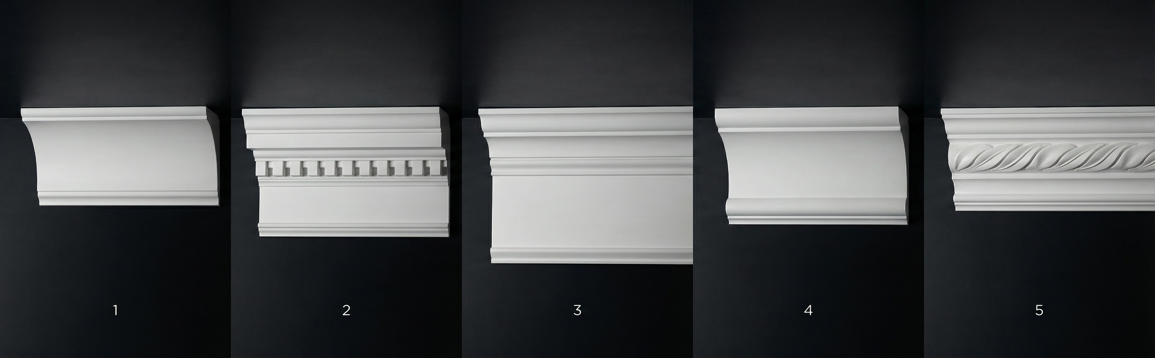 Five crown molding profiles — colonial cove, federal dentil, Victorian cornice, cyma recta