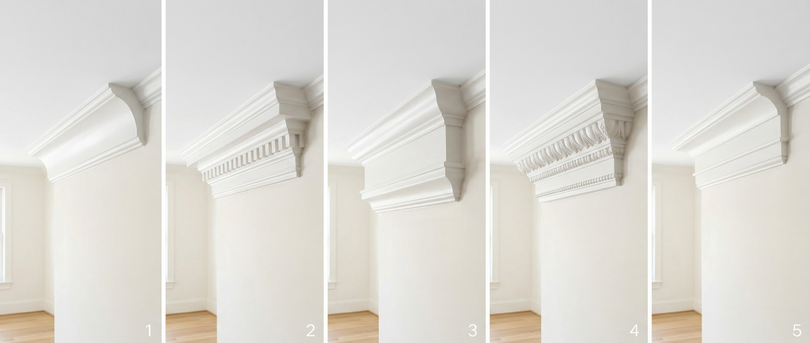 Five crown molding profiles installed at ceiling — colonial cove, dentil, Victorian cornice, cyma