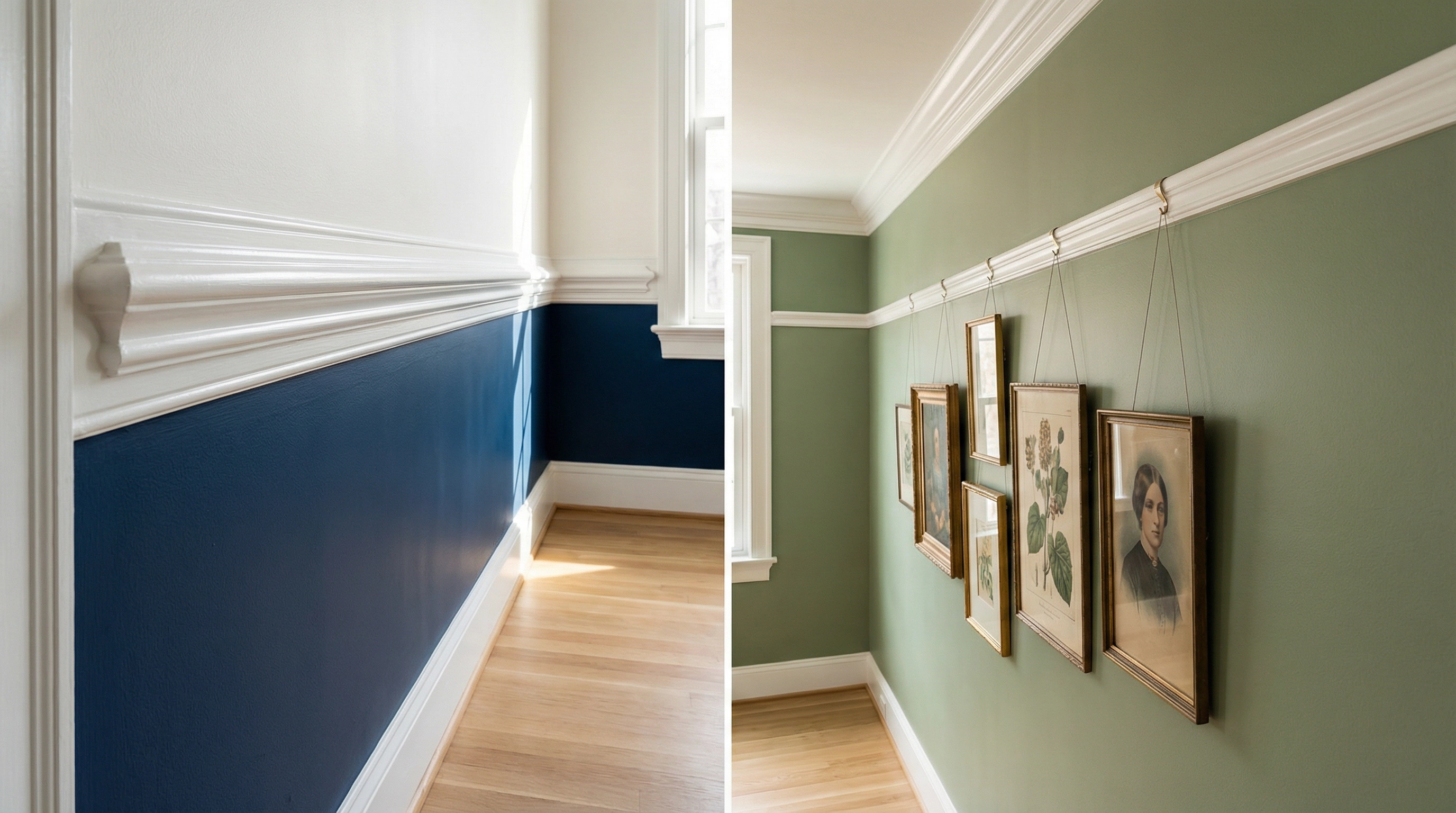 Chair rail and picture rail installation Washington DC — navy hallway with white chair rail and