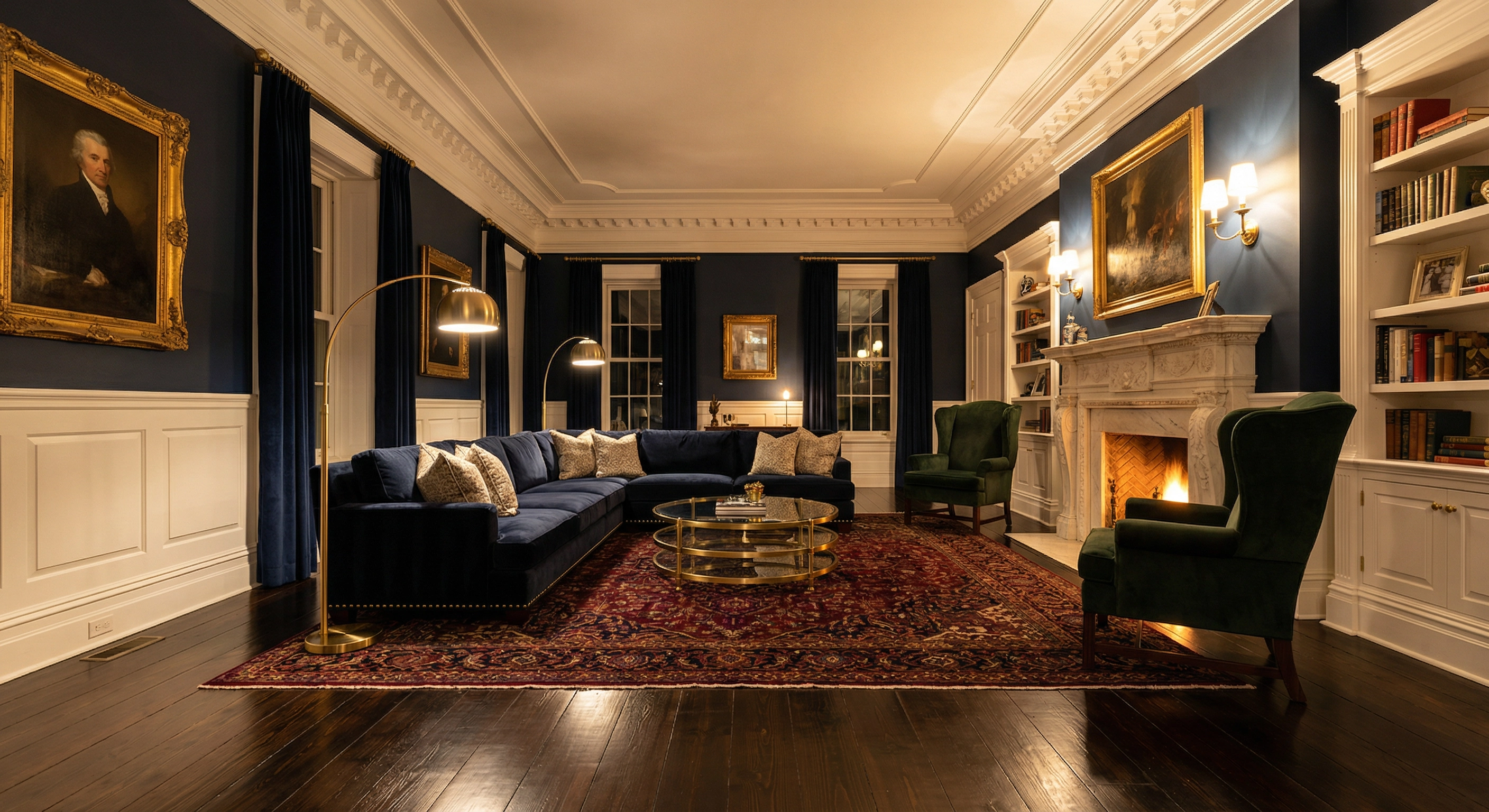 Elegant Washington DC living room with crown molding, wainscoting, and premium trim work by HomePro