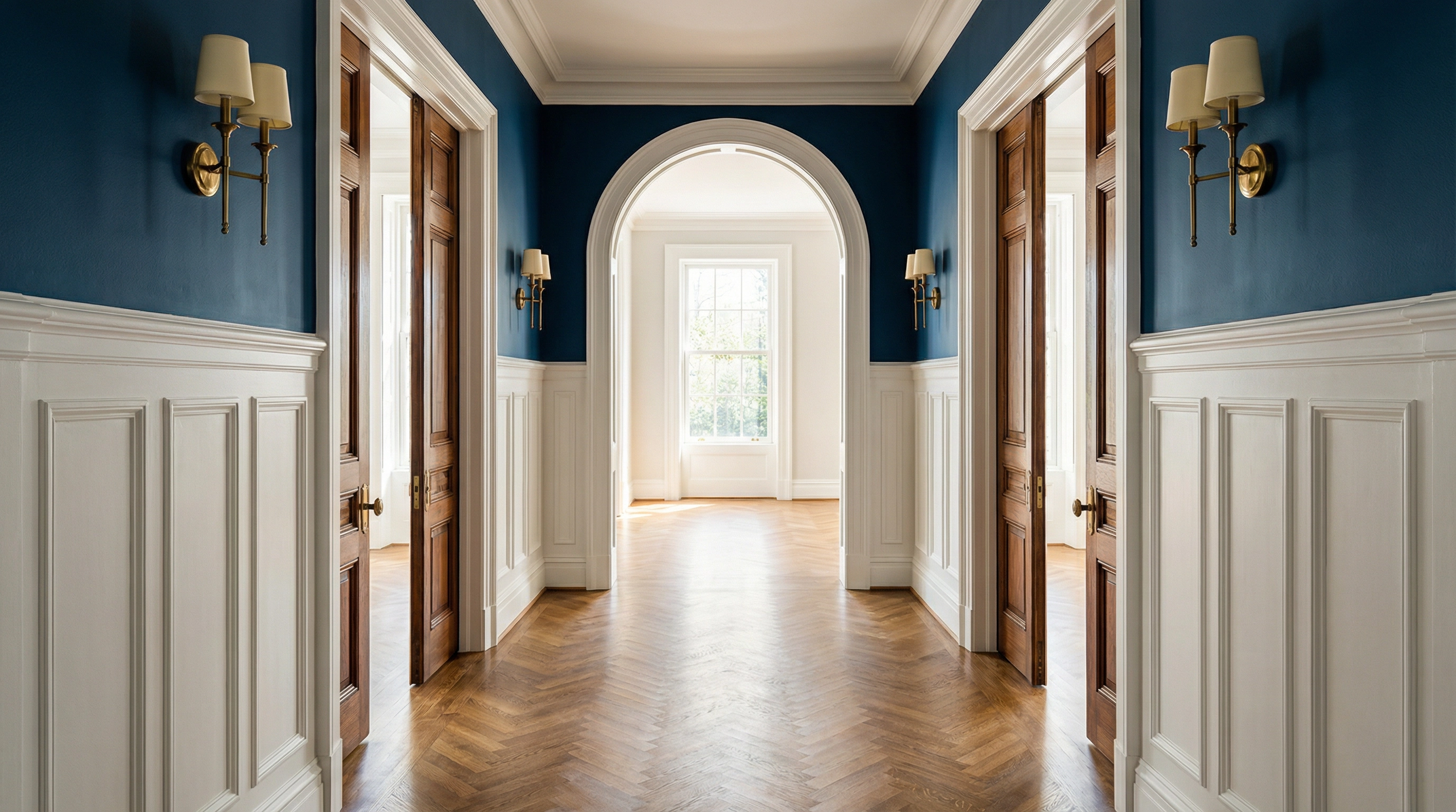 Elegant hallway with navy walls white wainscoting panels arched doorway and herringbone hardwood