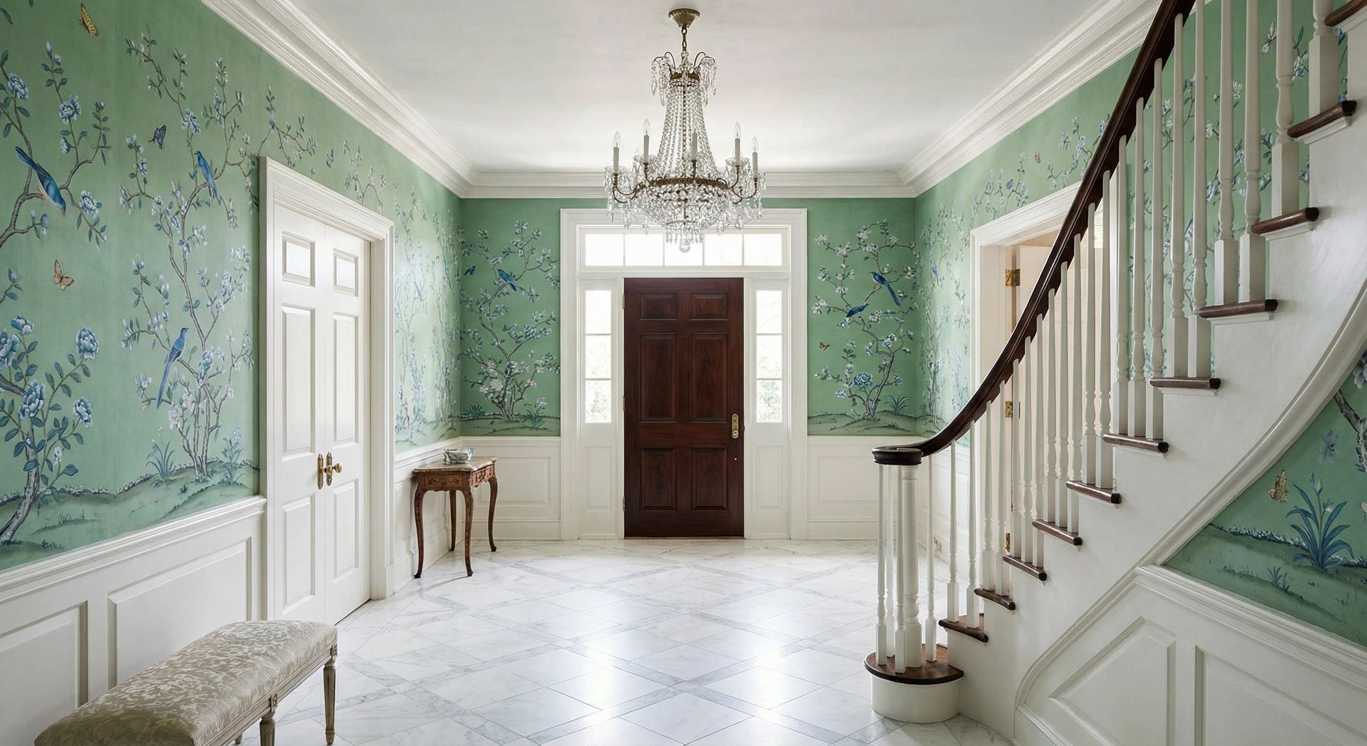 Elegant chinoiserie mural wallpaper installation in a grand Washington DC foyer with crystal