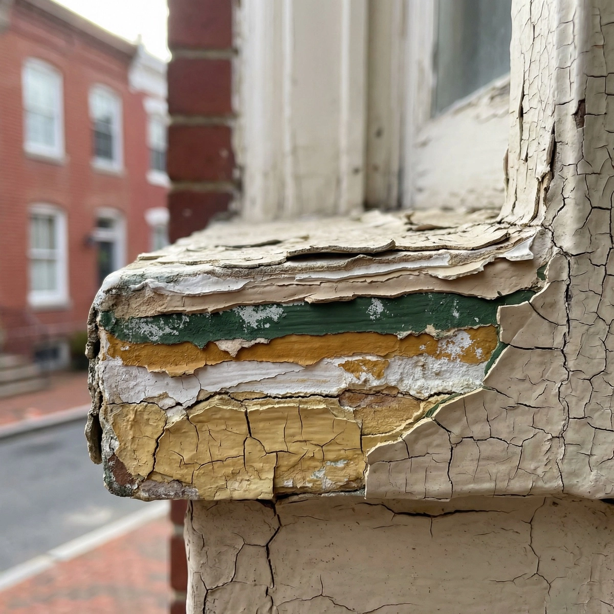 Multiple paint layers visible on original 1890s window trim in a Washington DC row house — lead