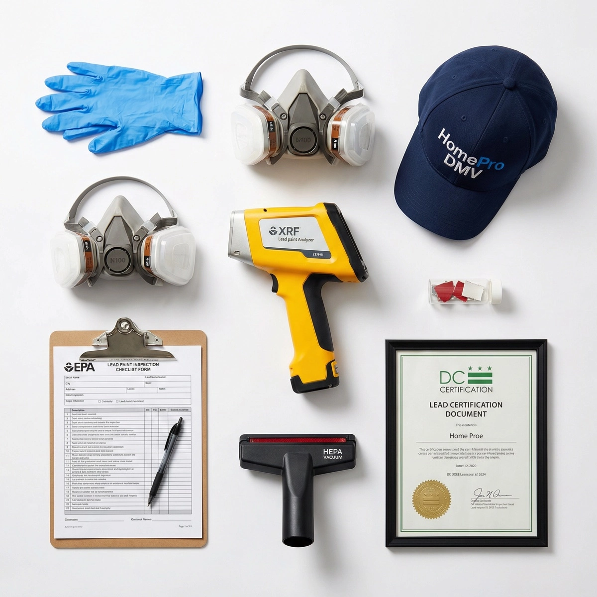 EPA lead paint safety tools and equipment — XRF device, N100 respirator, HEPA vacuum, inspection clipboard for HomePro DMV lead-safe painting in Washington DC EPA lead paint safety tools and equipment — XRF device, N100 respirator, HEPA vacuum, inspection