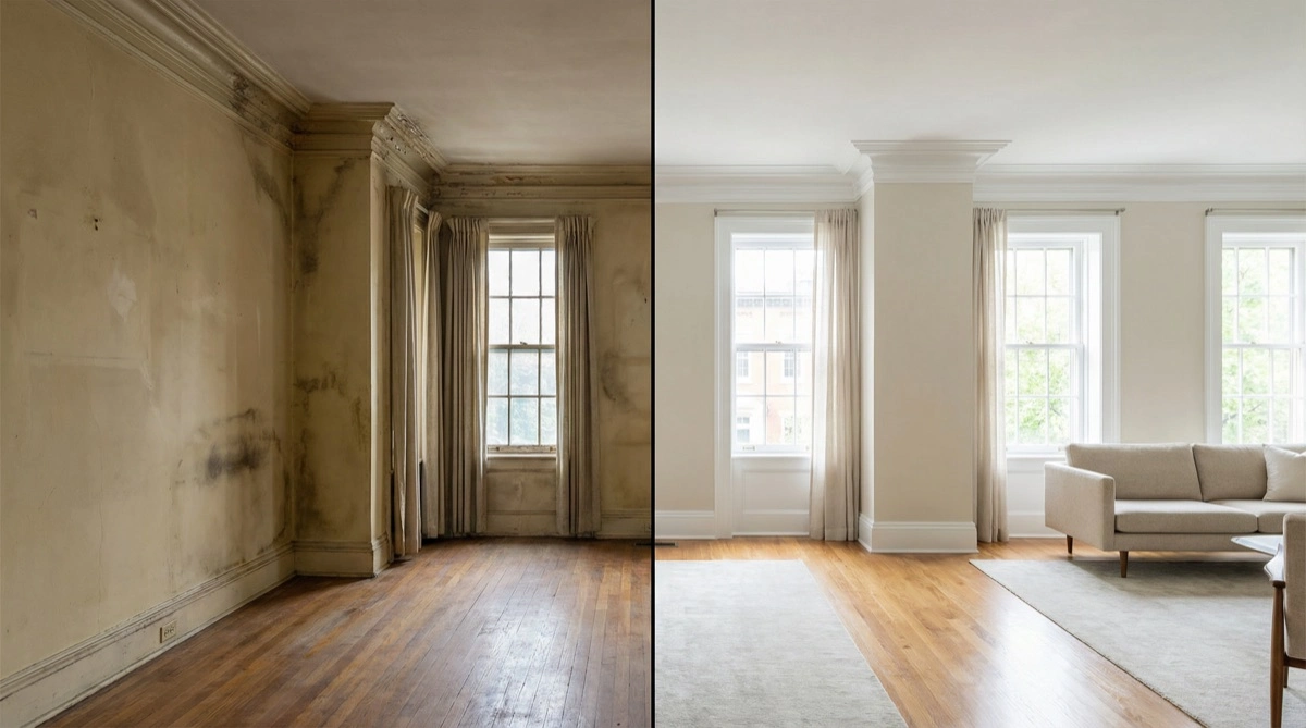 Before and after interior painting transformation in a Washington DC Federal row house living room — Benjamin Moore Pale Oak walls with crisp white crown molding Before and after interior painting transformation in a Washington DC Federal row house living room