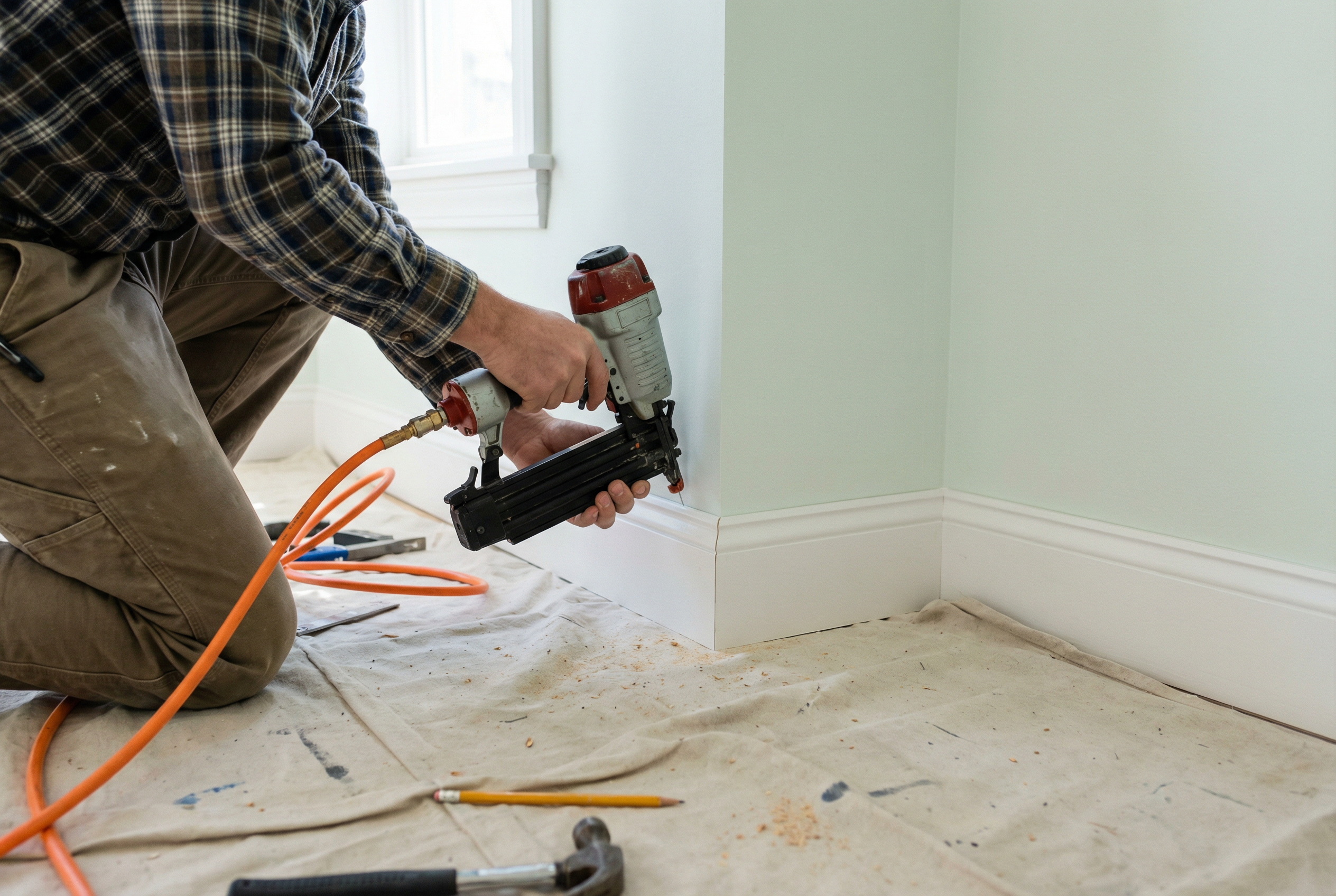Professional baseboard installation: precision cuts, tight joints, seamless paint finish Professional baseboard installation: precision cuts, tight joints, seamless paint finish