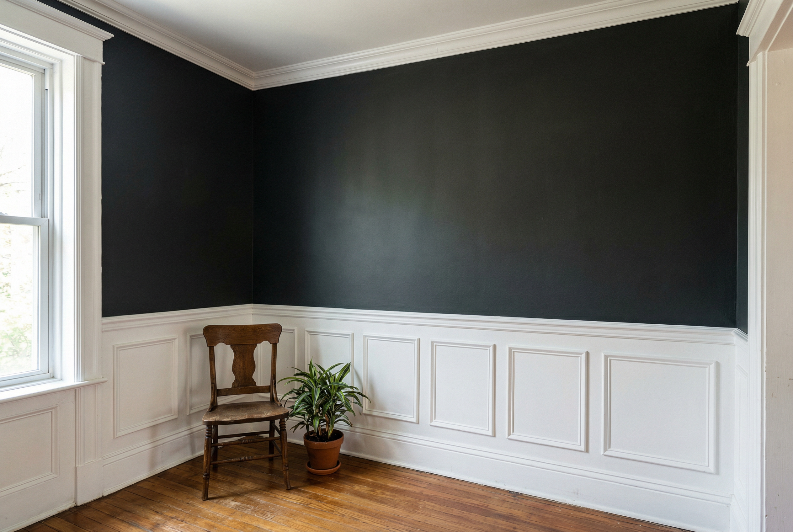 Coordinated trim: baseboards + crown + wainscoting — all one white, one finish, proportional Coordinated trim: baseboards + crown + wainscoting — all one white, one finish, proportional