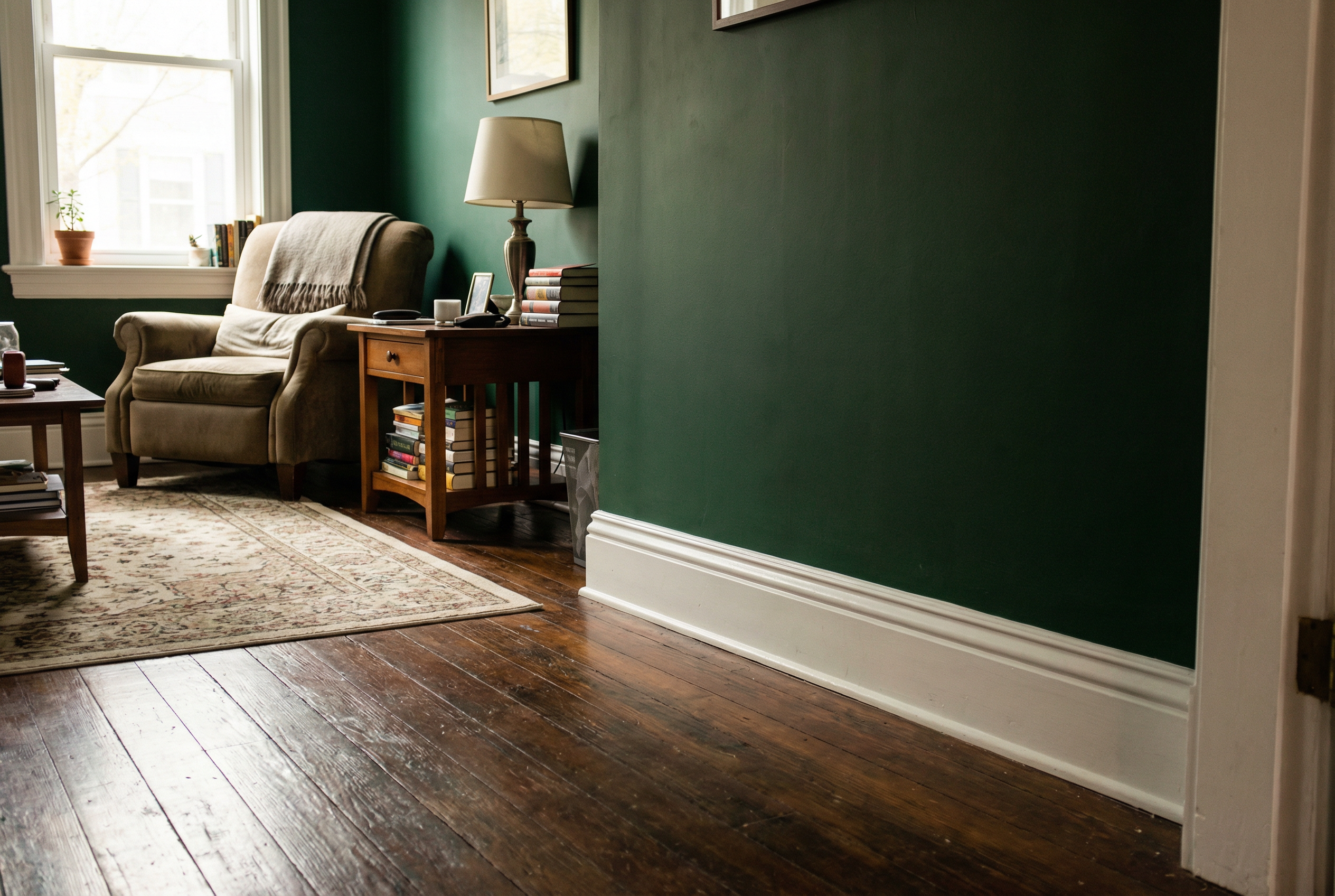 Crisp white baseboards against deep green walls — the contrast that grounds the room Crisp white baseboards against deep green walls — the contrast that grounds the room