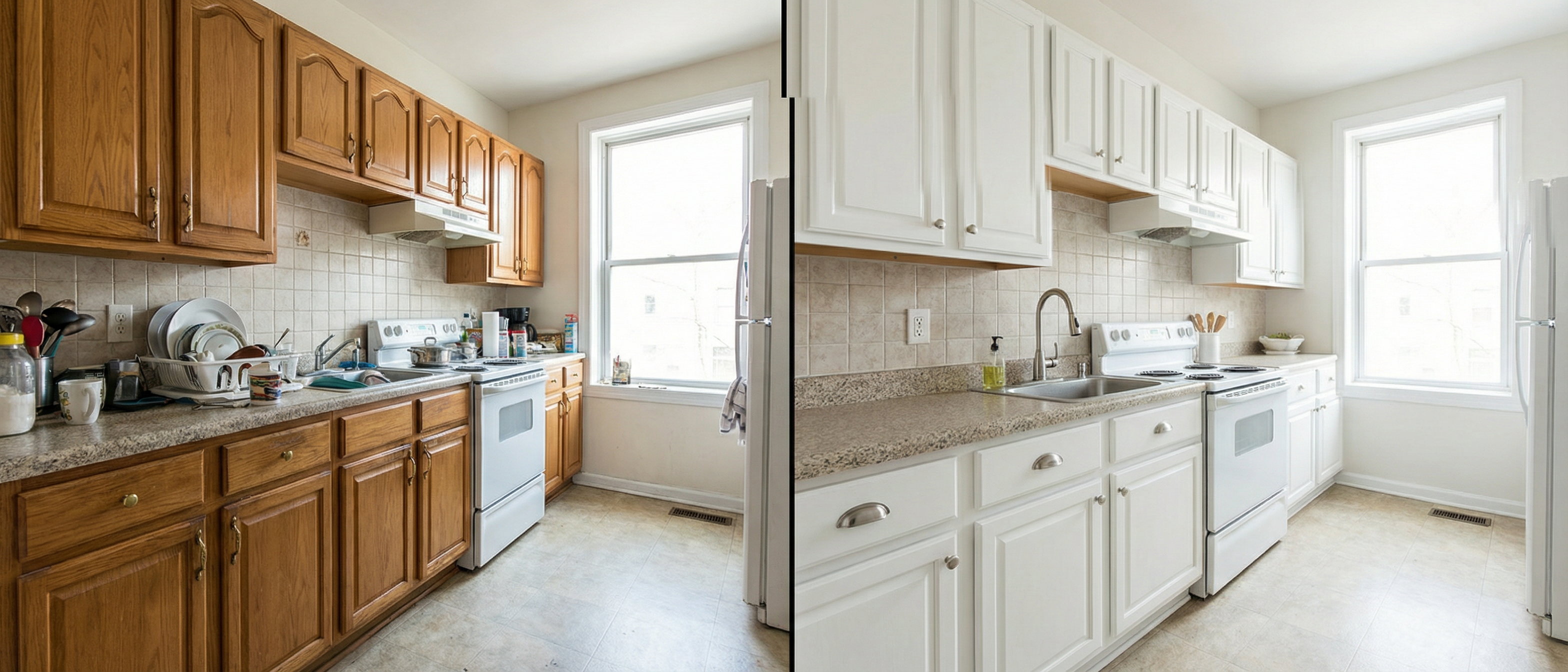 Before after kitchen cabinet painting DC row house — 1990s honey oak to BM Simply White with