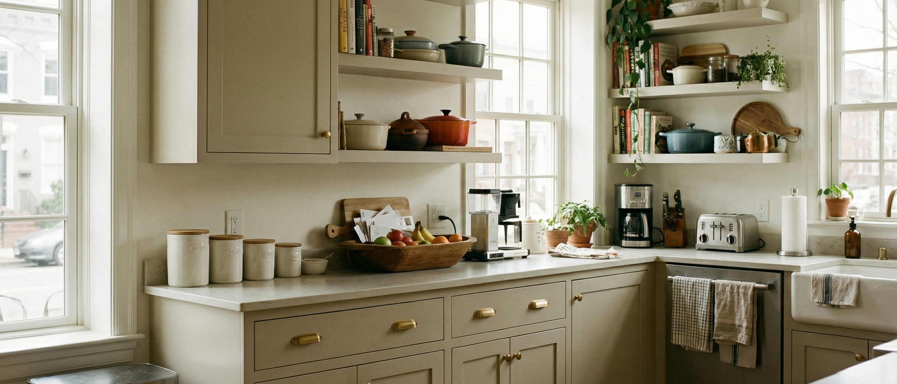 Revere Pewter — shown here on walls — is equally stunning on cabinets for a warm, collected, tonal kitchen Revere Pewter — shown here on walls — is equally stunning on cabinets for a warm, collected, tonal