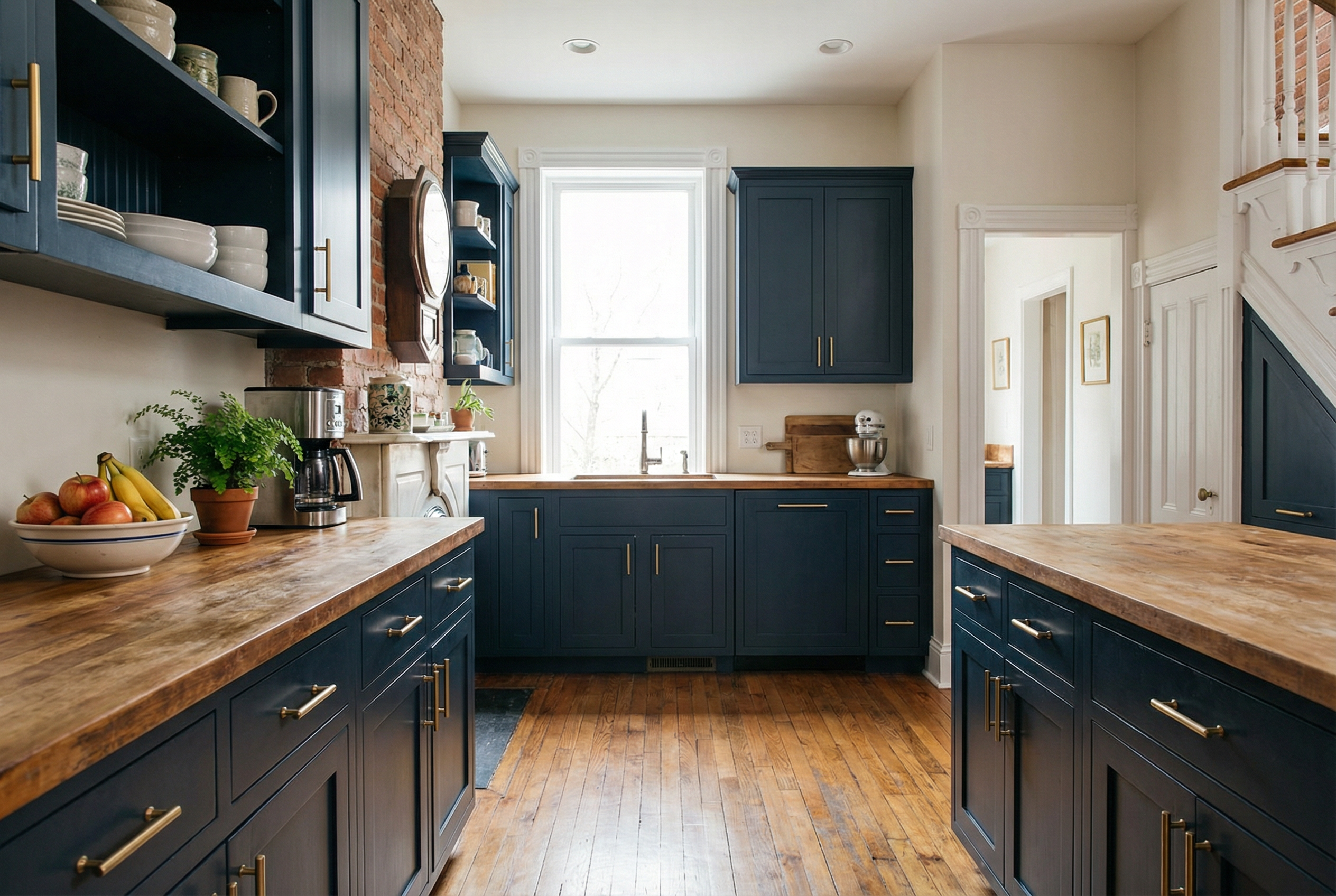 Hale Navy lower cabinets — deep, dramatic navy paired with brass and marble for the ultimate DC