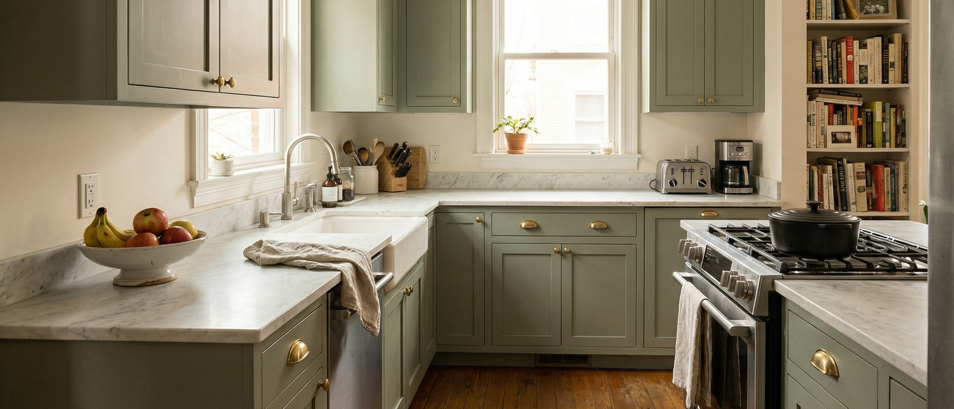 BM Cushing Green cabinets — sage green with brass pulls and marble counters: the 2026 DC kitchen everyone wants BM Cushing Green cabinets — sage green with brass pulls and marble counters: the 2026 DC kitchen