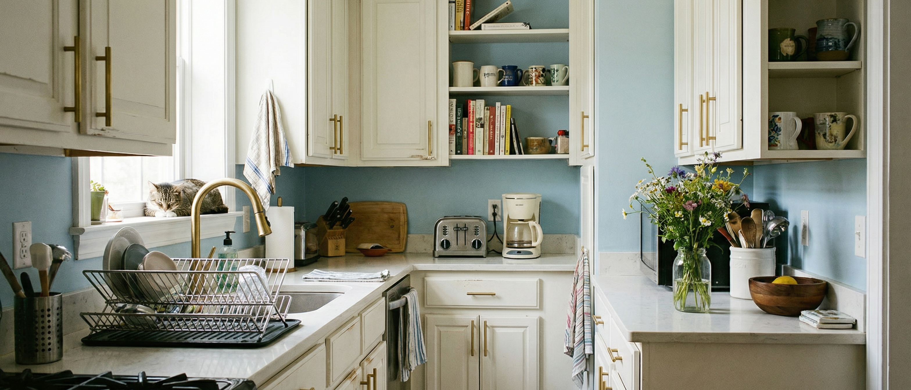 Simply White cabinets in a bright DC kitchen — warm, clean, universally appealing against soft blue walls Simply White cabinets in a bright DC kitchen — warm, clean, universally appealing against soft blue