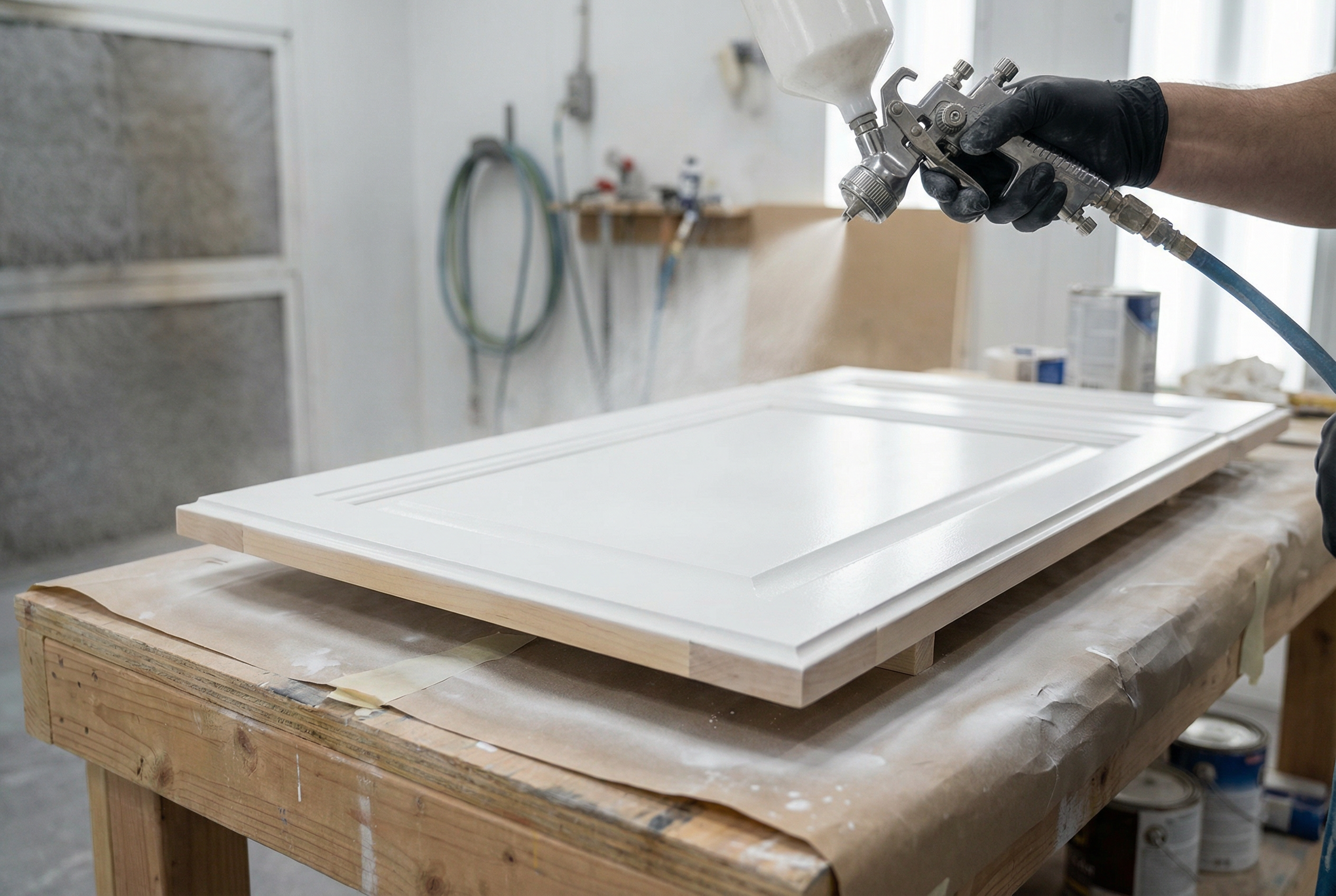 Professional HVLP spray gun applying factory-smooth satin white coat to a shaker cabinet door panel — zero brush marks by HomePro DMV Painters Washington DC Professional HVLP spray gun applying factory-smooth satin white coat to a shaker cabinet door panel