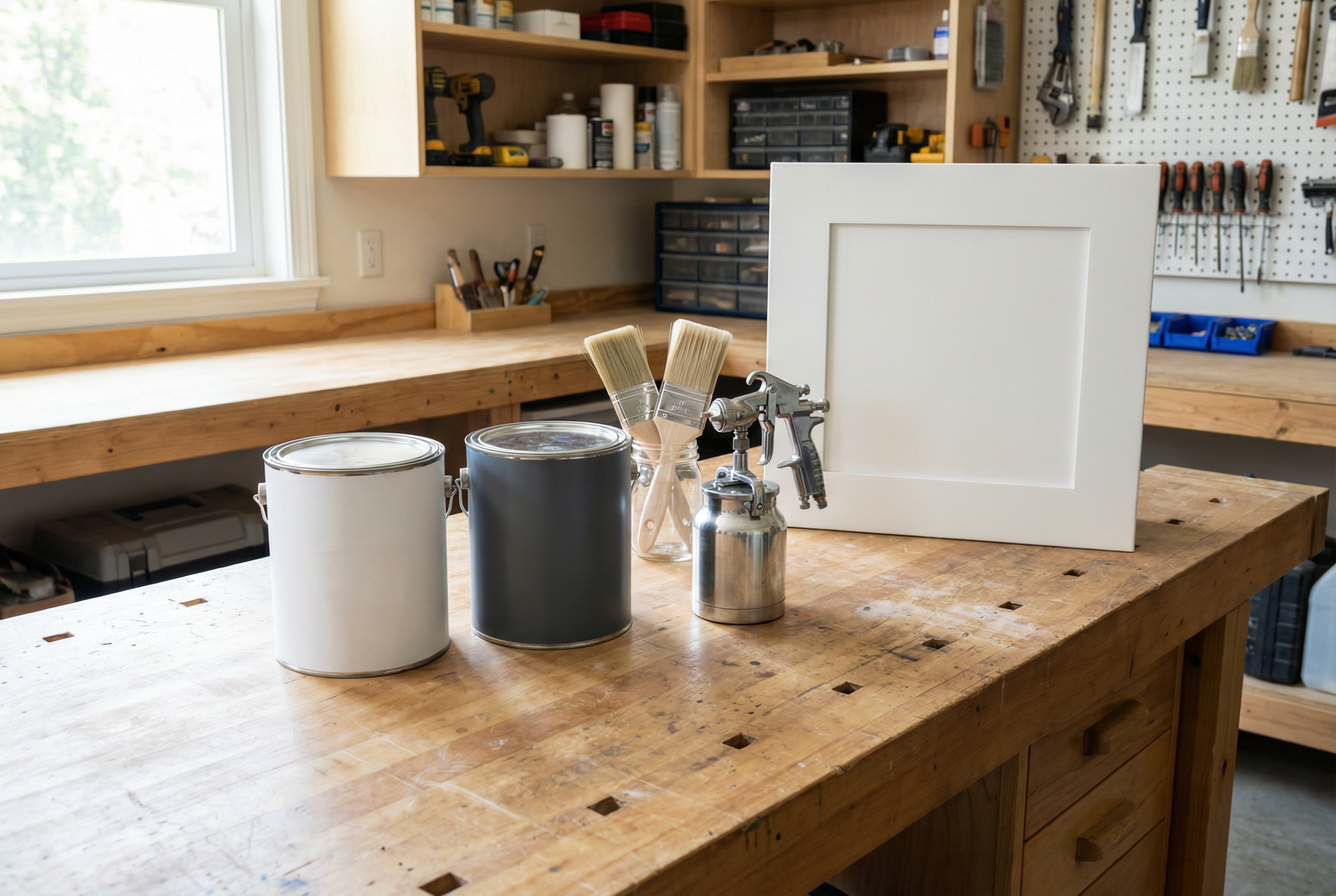 Professional cabinet painting supplies — Benjamin Moore Advance and Sherwin-Williams Emerald Urethane with HVLP spray gun by HomePro DMV Painters Professional cabinet painting supplies — Benjamin Moore Advance and Sherwin-Williams Emerald