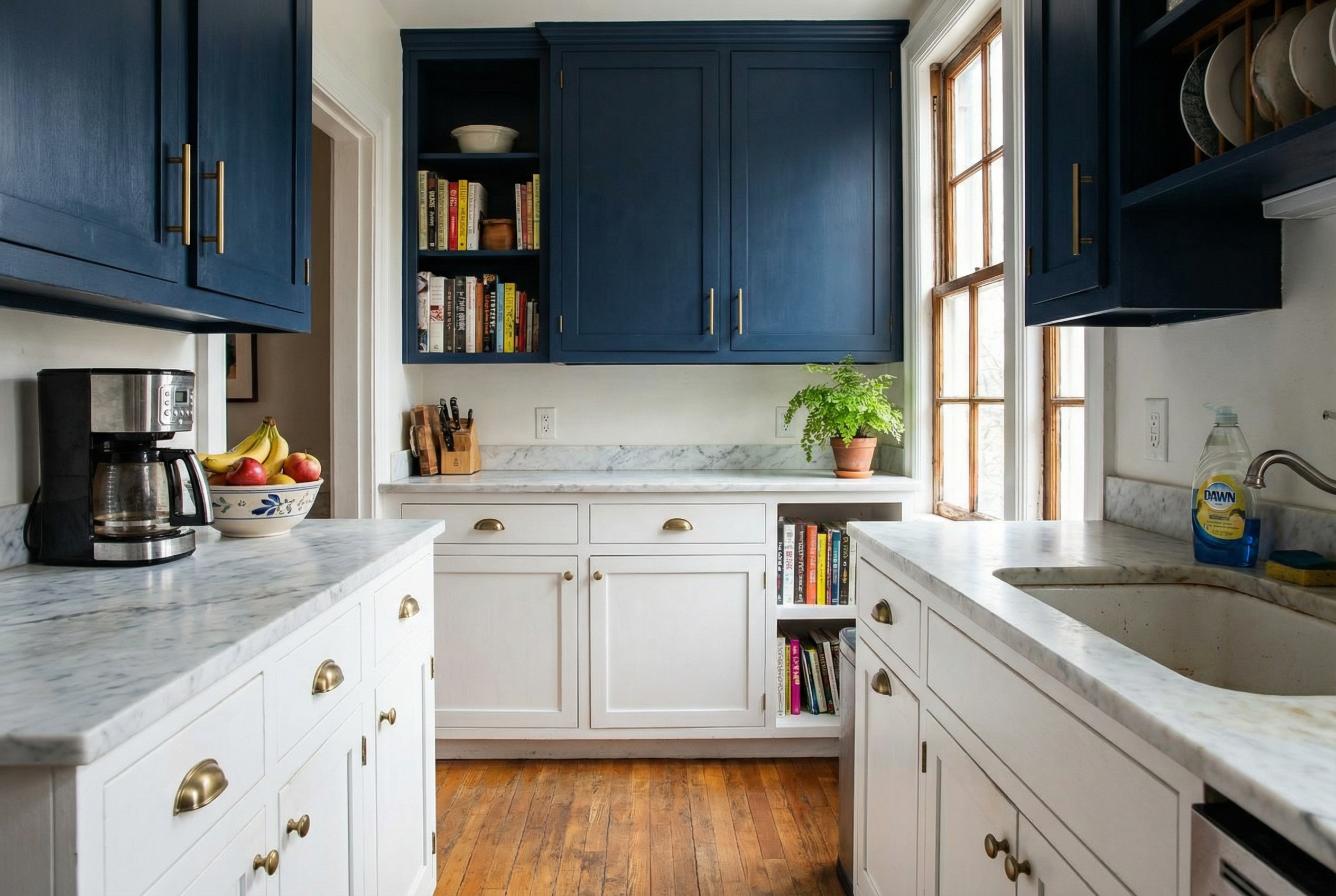 Two-tone kitchen cabinet painting in a DC Kalorama row house — navy uppers white lowers brass hardware HVLP spray finish by HomePro DMV Painters Two-tone kitchen cabinet painting in a DC Kalorama row house — navy uppers white lowers brass