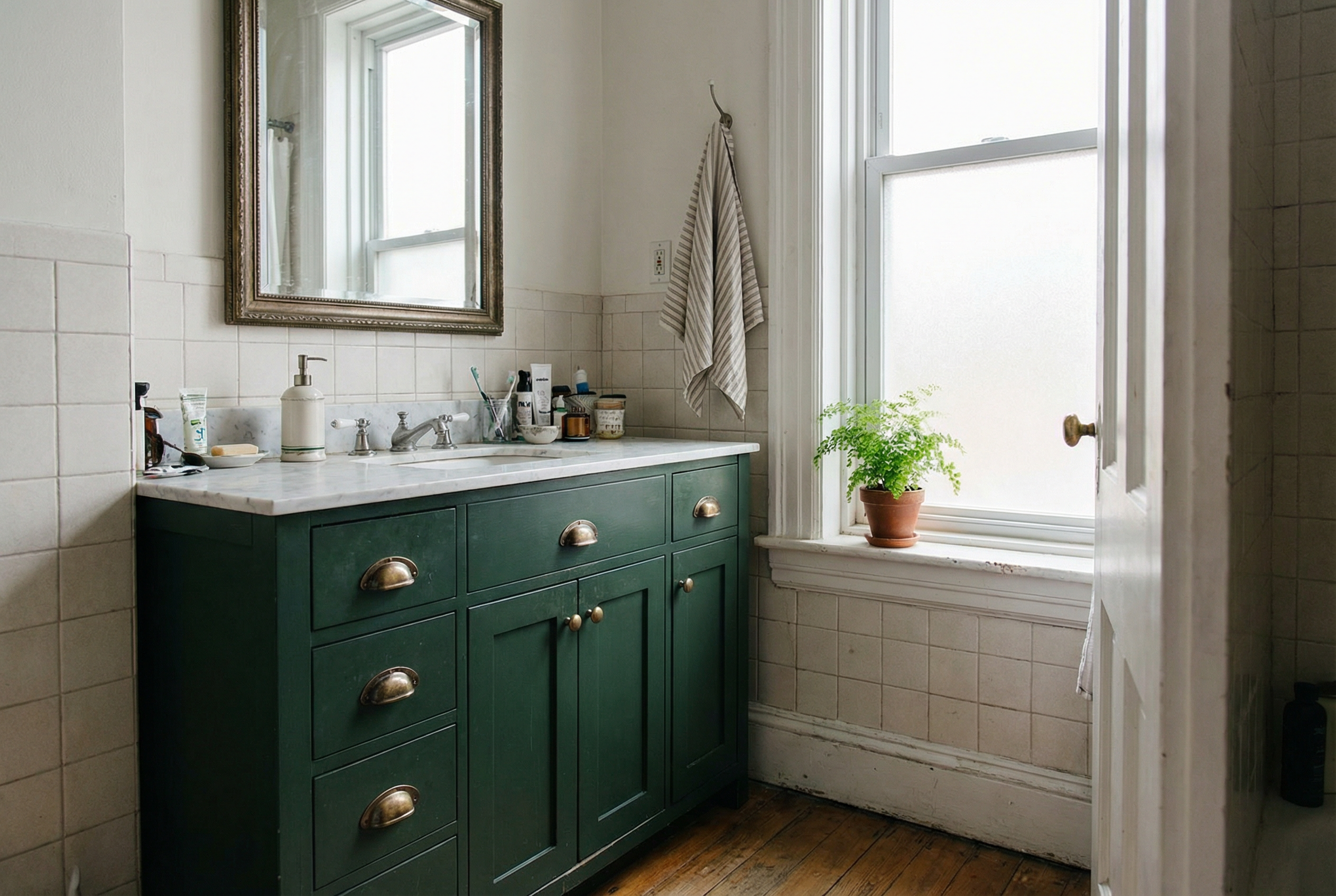 Bathroom vanity cabinet painting in a Capitol Hill DC Victorian rowhouse — deep forest green spray finish brass hardware by HomePro DMV Painters Bathroom vanity cabinet painting in a Capitol Hill DC Victorian rowhouse — deep forest green spray