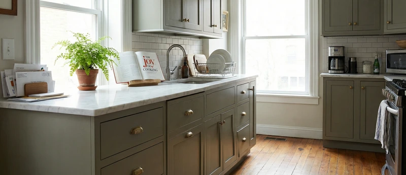 Sage green painted kitchen cabinets DC 2026 trend — BM Cushing Green that photographs beautifully