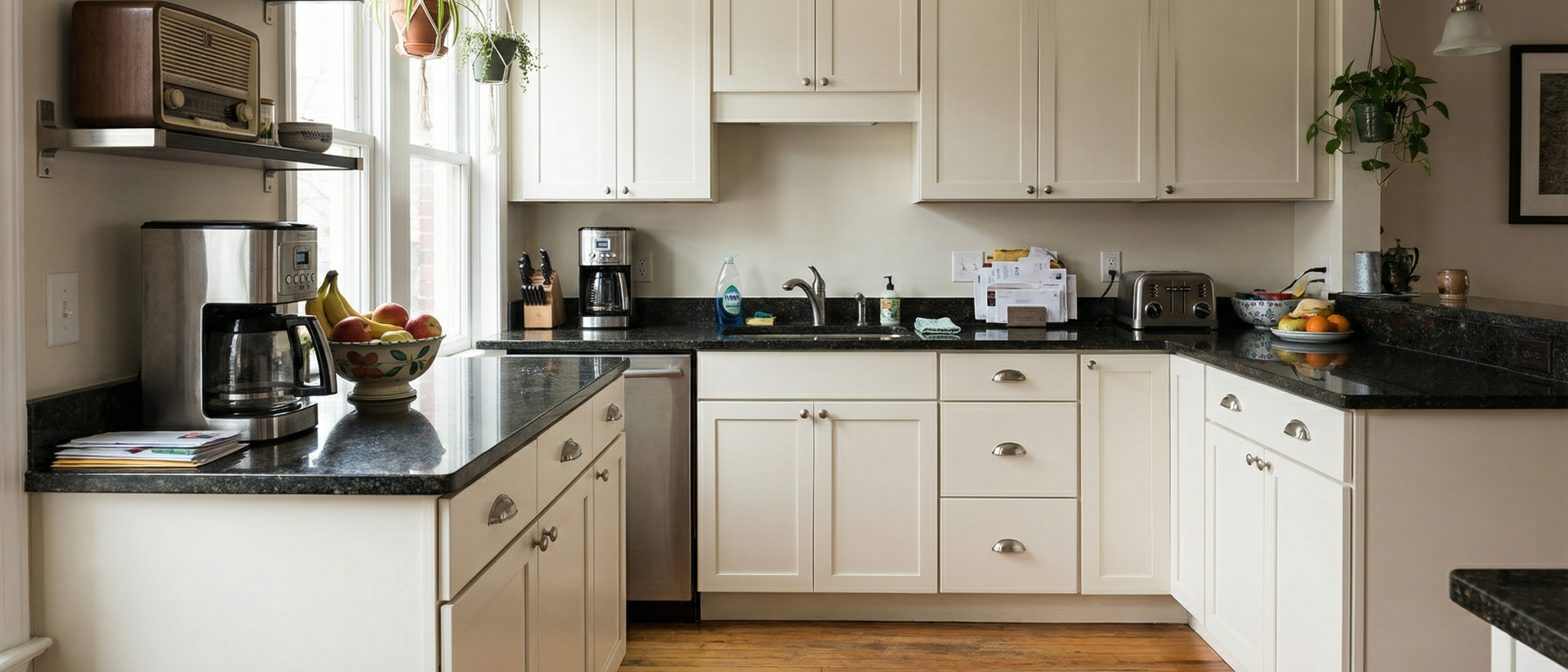 Navy kitchen island white upper cabinets DC kitchen — Hale Navy island plus Simply White uppers