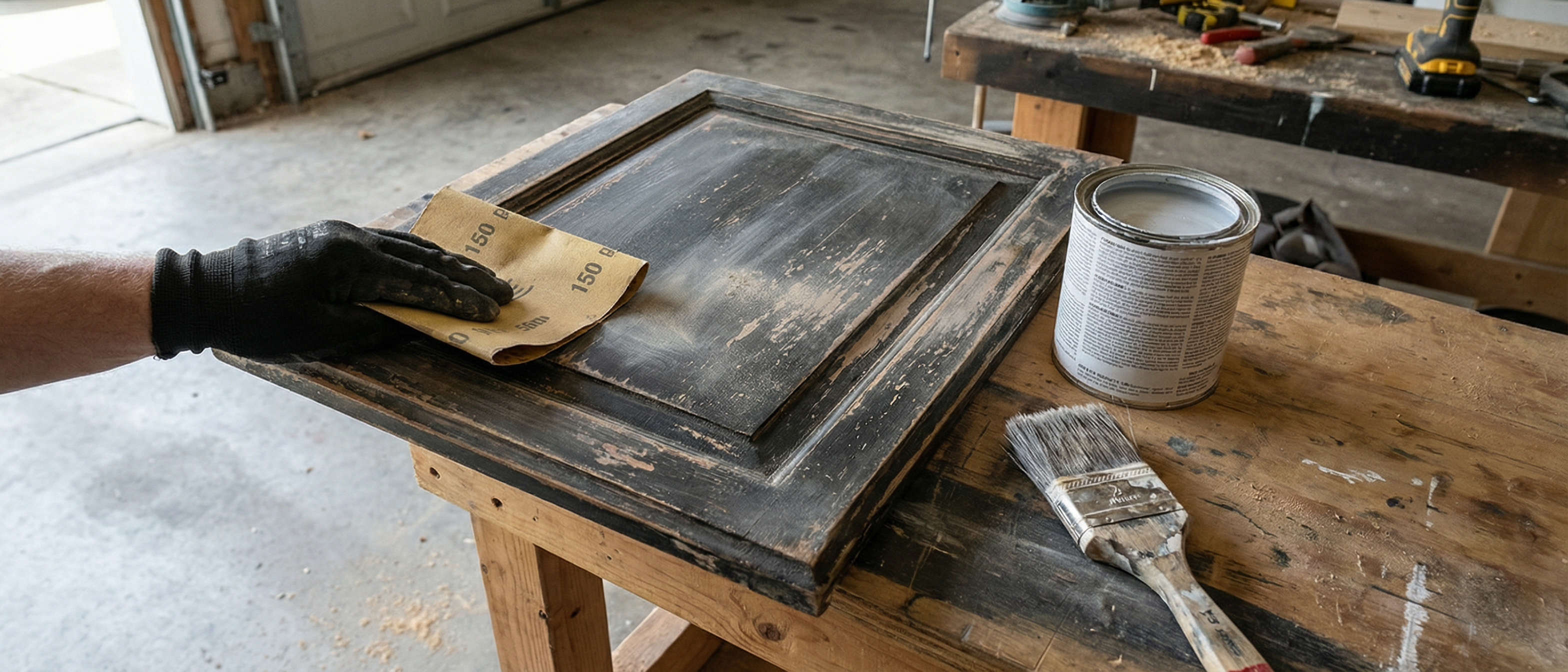 Professional cabinet prep sanding priming DC kitchen — every surface sanded with 150-grit for