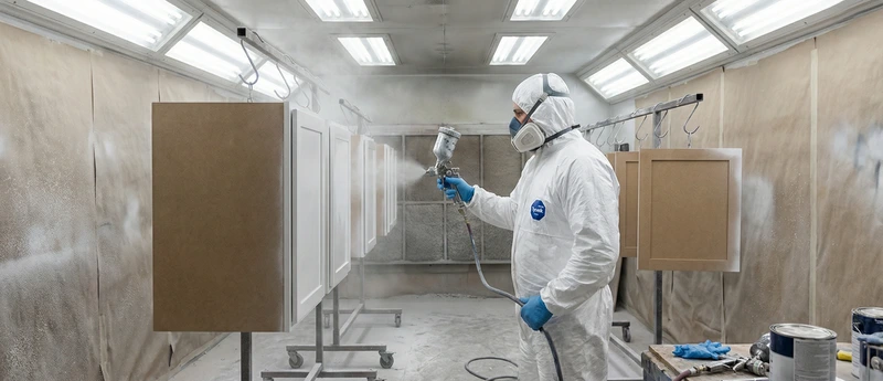 Professional HVLP spray painting cabinet doors workshop — smooth factory-quality finish with zero