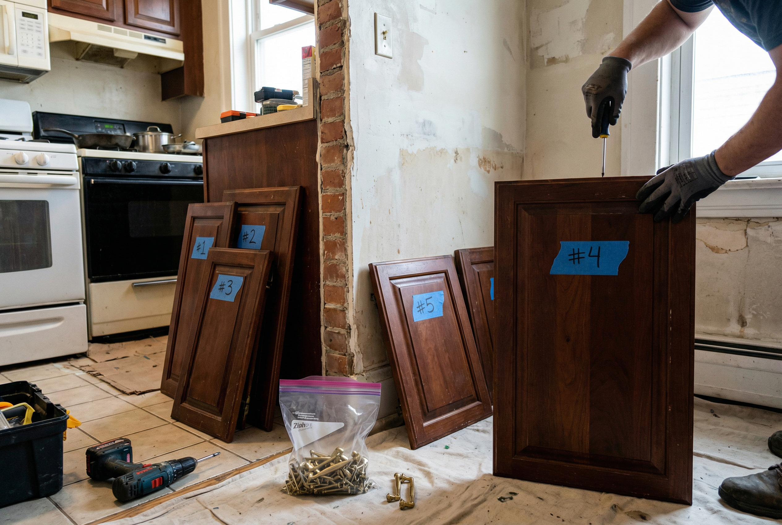 Painter removing labeled cabinet doors DC kitchen — day 1 of professional cabinet painting process