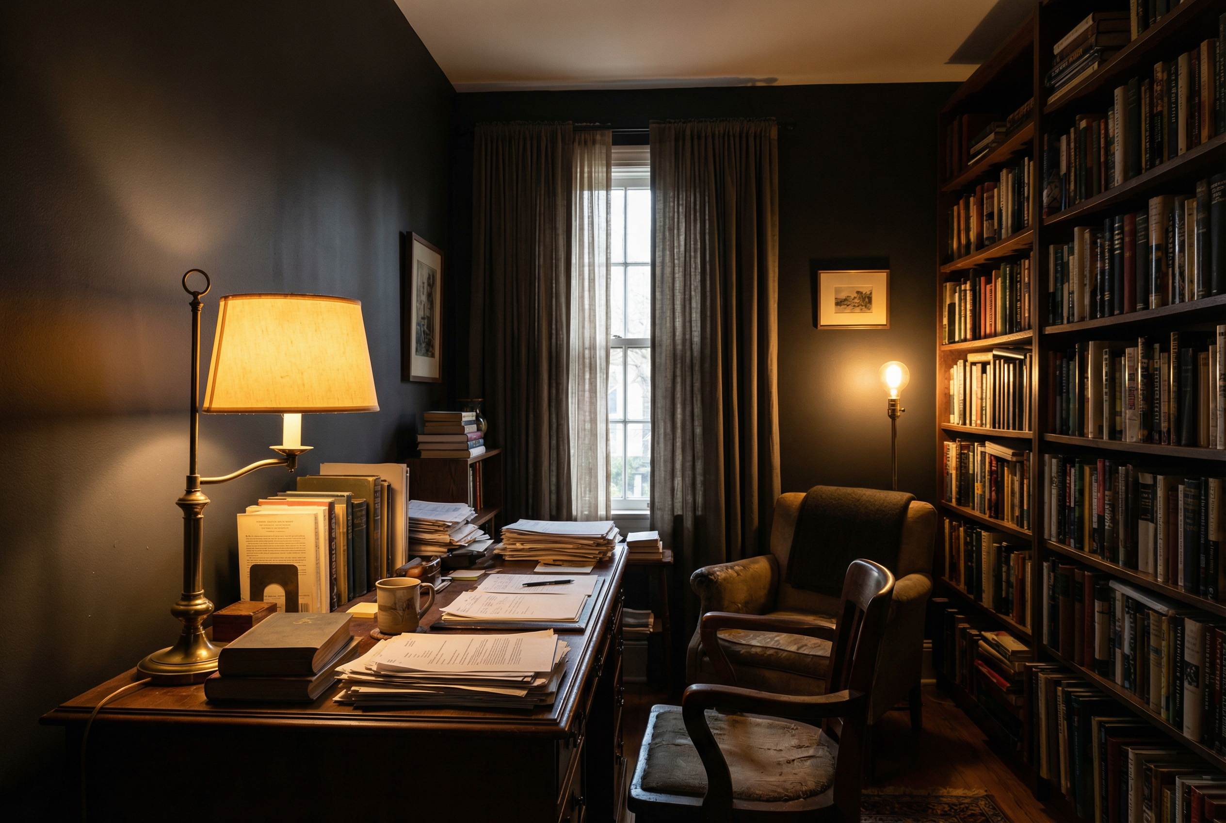 Washington DC study painted in rich earth tones — Kendall Charcoal with warm lighting — best dark