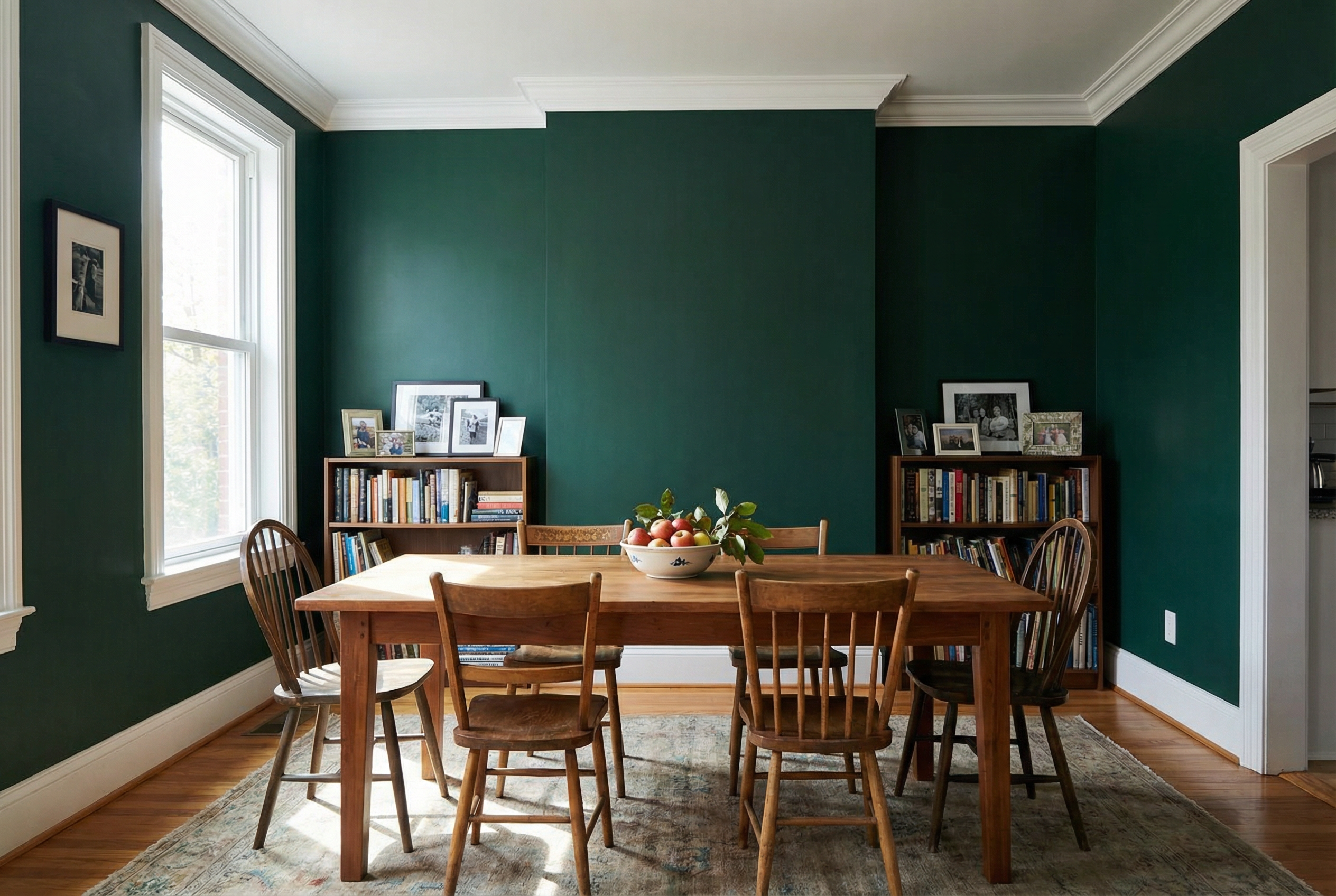 Washington DC dining room painted Narragansett Green with white crown molding — best green paint