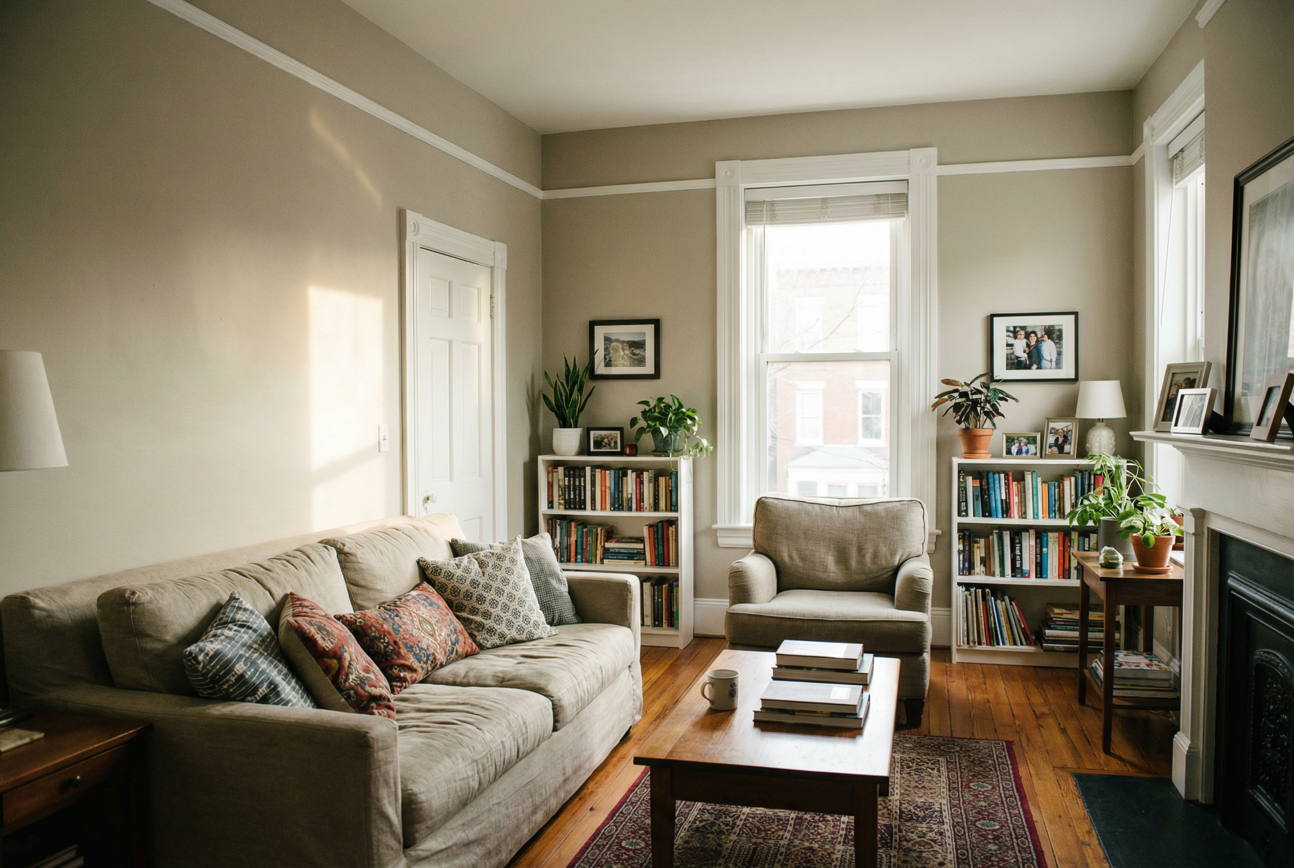 Washington DC living room painted Revere Pewter warm greige neutral best interior paint color 2026