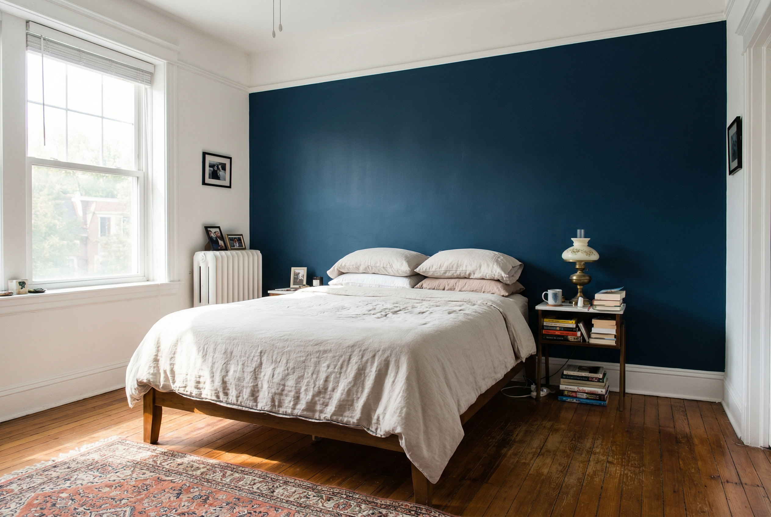 Washington DC bedroom with Hale Navy accent wall and white trim — best blue paint color 2026 by