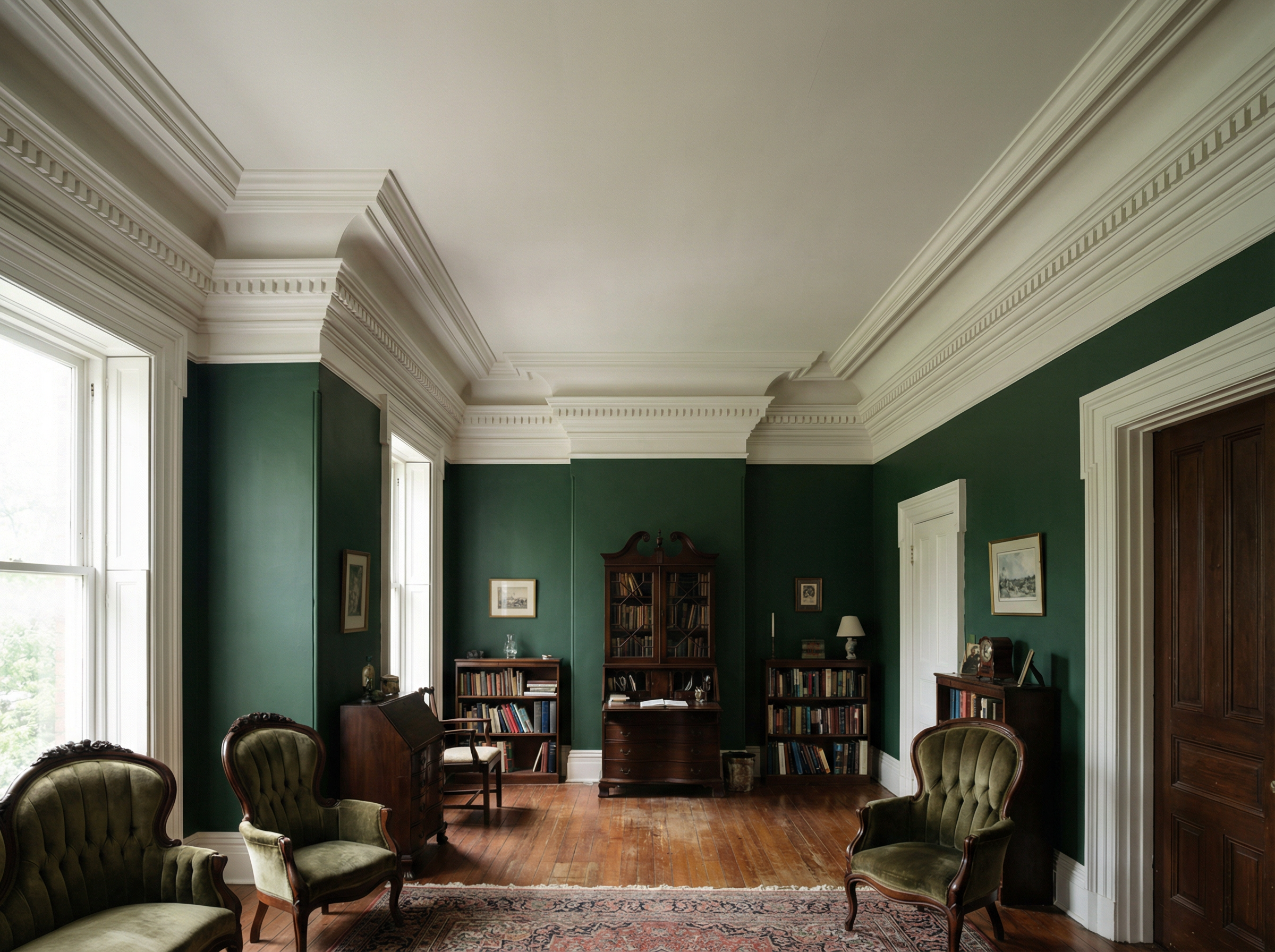 Layered dentil crown molding in grand Washington DC room — multiple stacked profiles by HomePro DMV Painters Layered dentil crown molding in grand Washington DC room — multiple stacked profiles by HomePro DMV