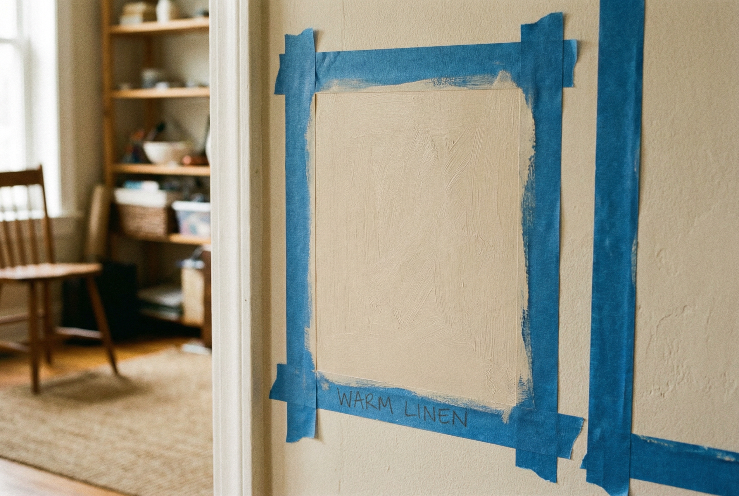 Professional tips for painting dark rooms — large paint sample on a north-facing wall showing how to test colors in actual lighting by HomePro DMV Painters Professional tips for painting dark rooms — large paint sample on a north-facing wall showing how