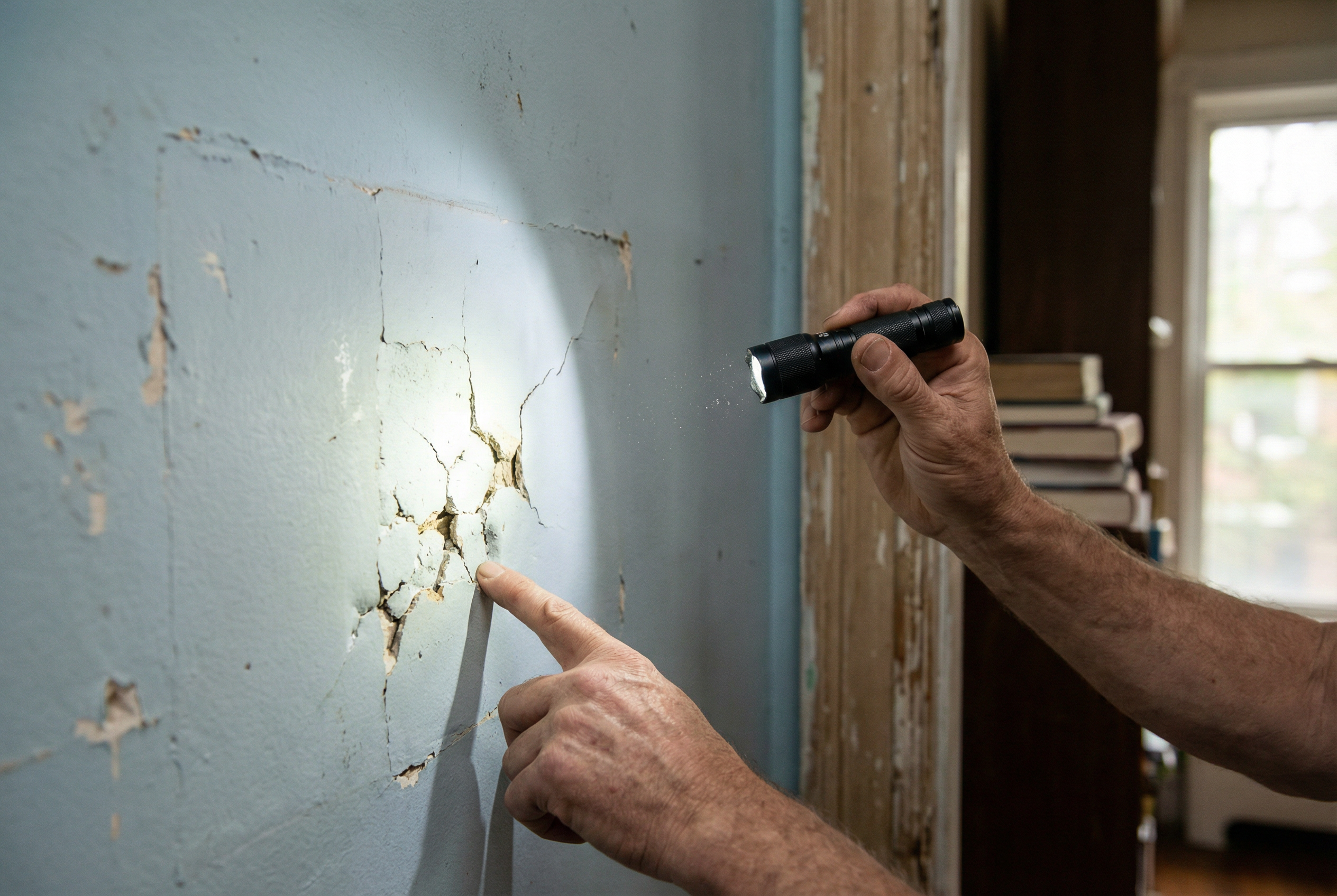 Professional inspecting drywall damage types in Washington DC home — identifying cracks and holes