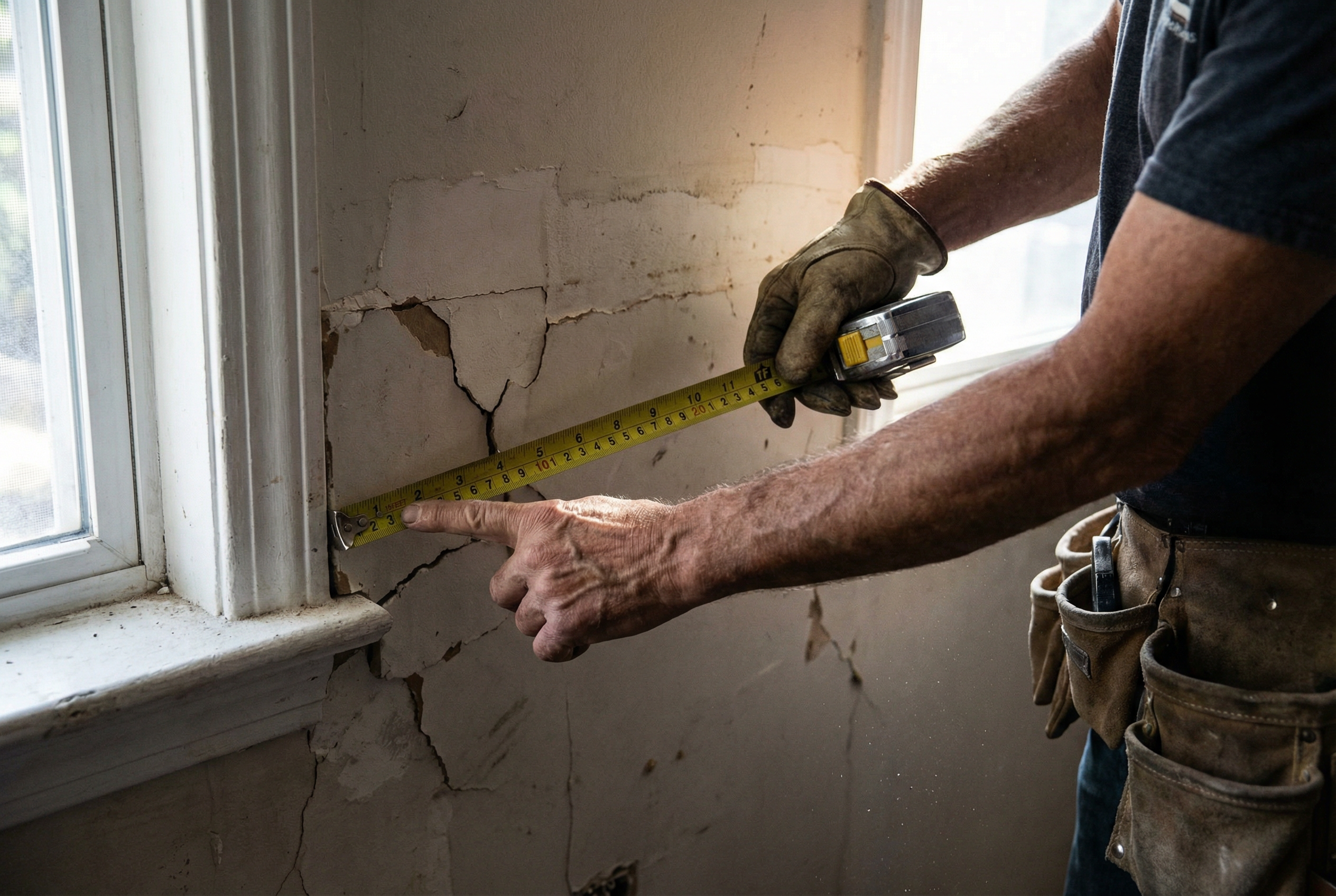 Professional assessing drywall condition in Washington DC home — determining repair vs replacement